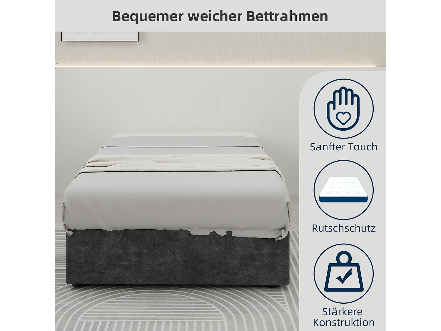Cadre de lit moderne 90x200 cm en velours gris avec mécanisme à gaz – Mobilier moderne, sans tête de lit et matelas