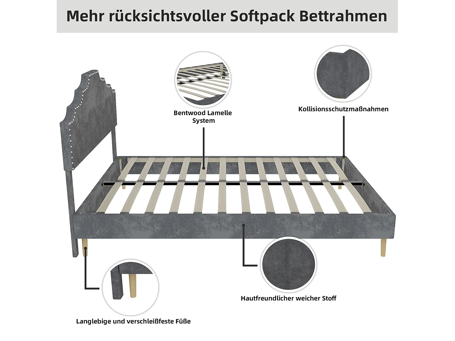 Letto moderno minimalista 160x200 cm con comoda testiera, grigio, mobile multifunzionale – Base bassa, senza sbarra ad aria e materasso