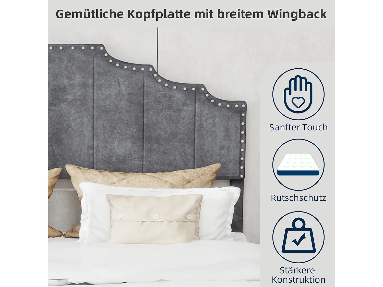 Letto moderno minimalista 160x200 cm con comoda testiera, grigio, mobile multifunzionale – Base bassa, senza sbarra ad aria e materasso