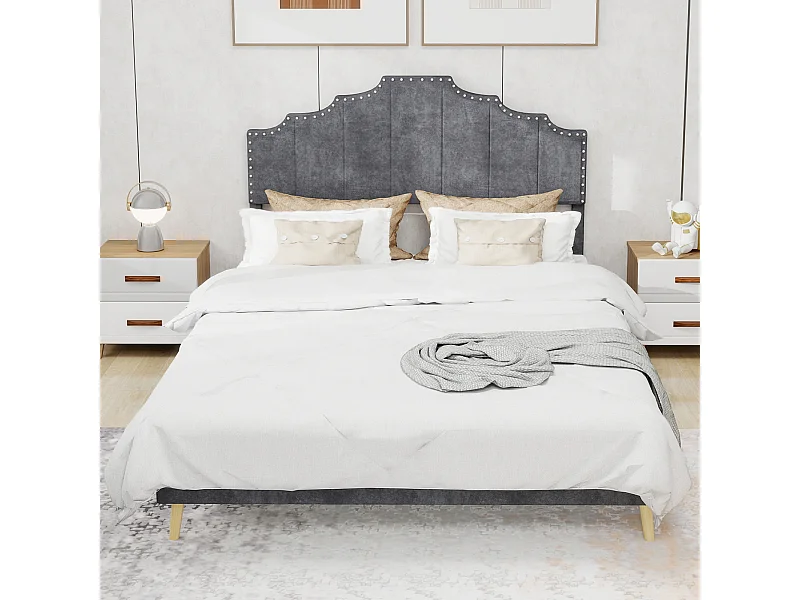 Letto moderno minimalista 160x200 cm con comoda testiera, grigio, mobile multifunzionale – Base bassa, senza sbarra ad aria e materasso