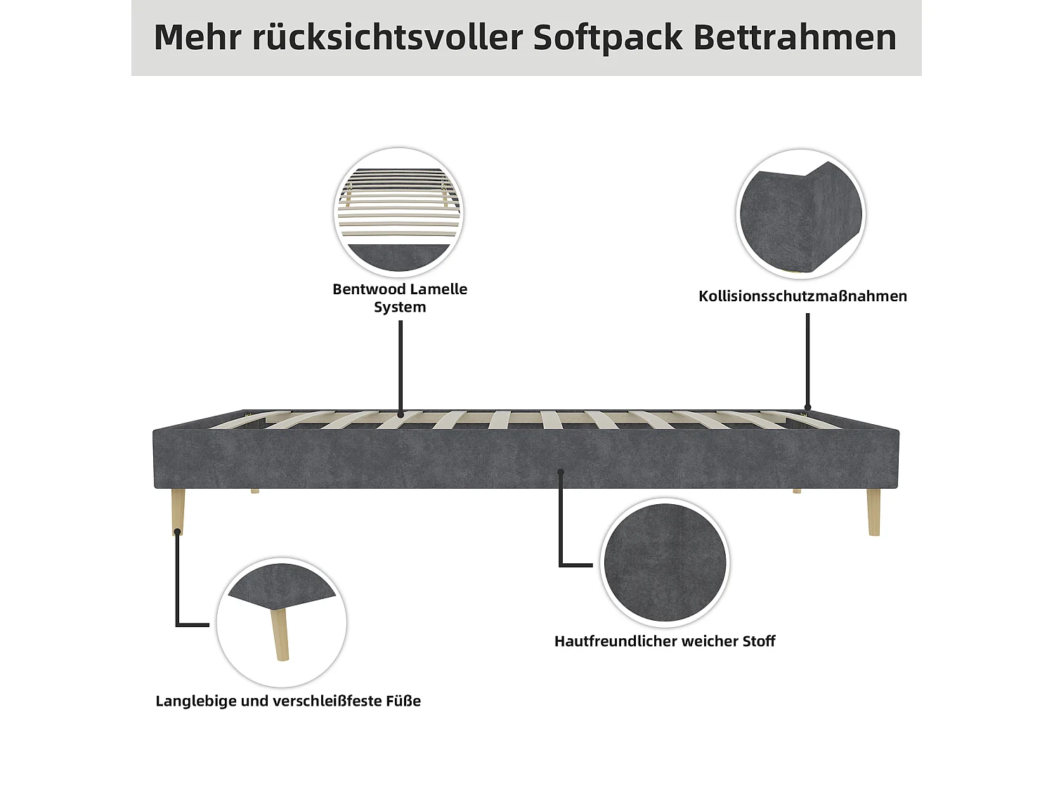 Minimalistisches Bettgestell (90 x 200 cm) in grauem Samt, niedriges Untergestell, modernes Möbelstück – ohne Gasdruckfeder, Kopfteil und Matratze