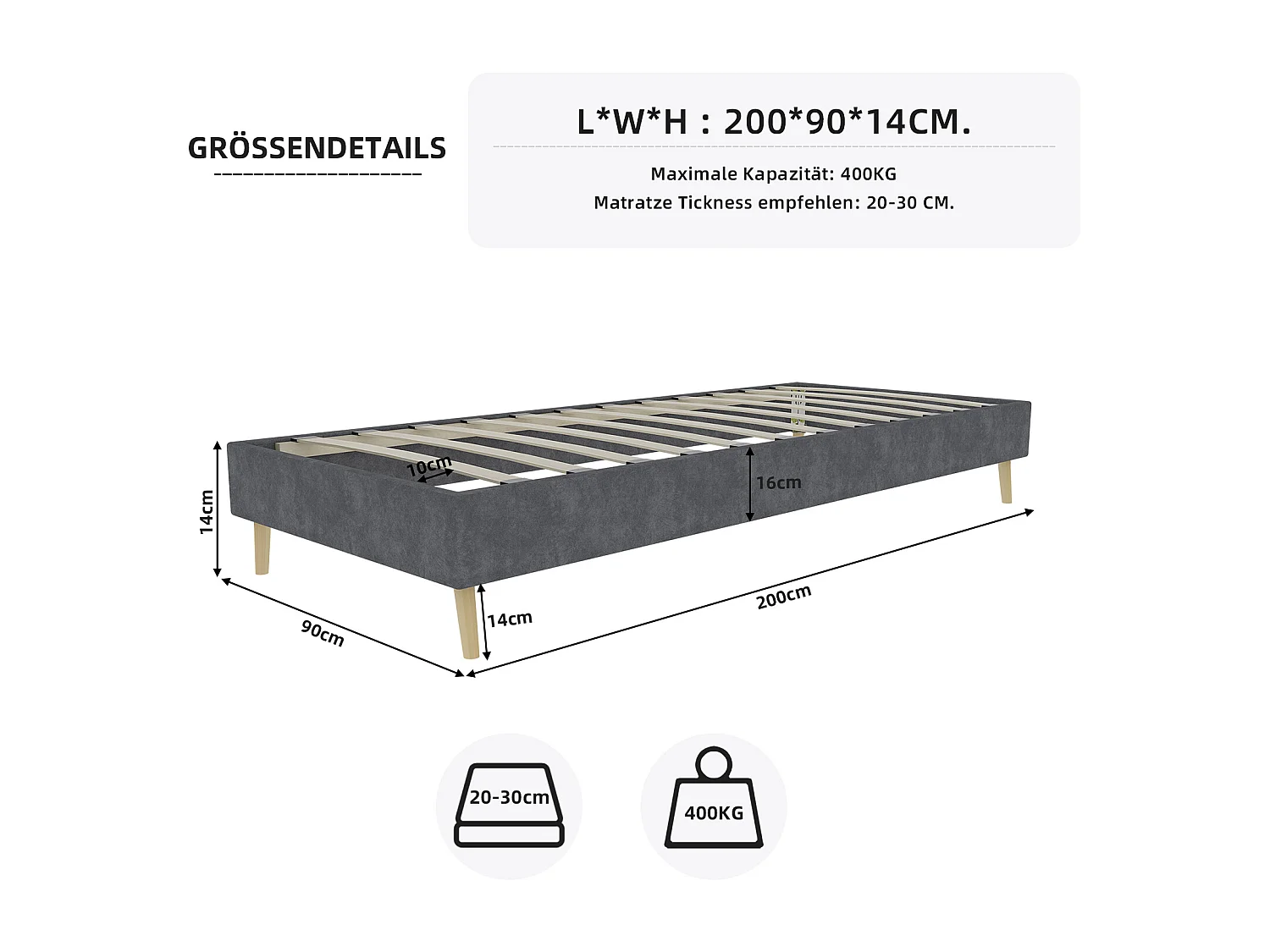 Minimalistisches Bettgestell (90 x 200 cm) in grauem Samt, niedriges Untergestell, modernes Möbelstück – ohne Gasdruckfeder, Kopfteil und Matratze
