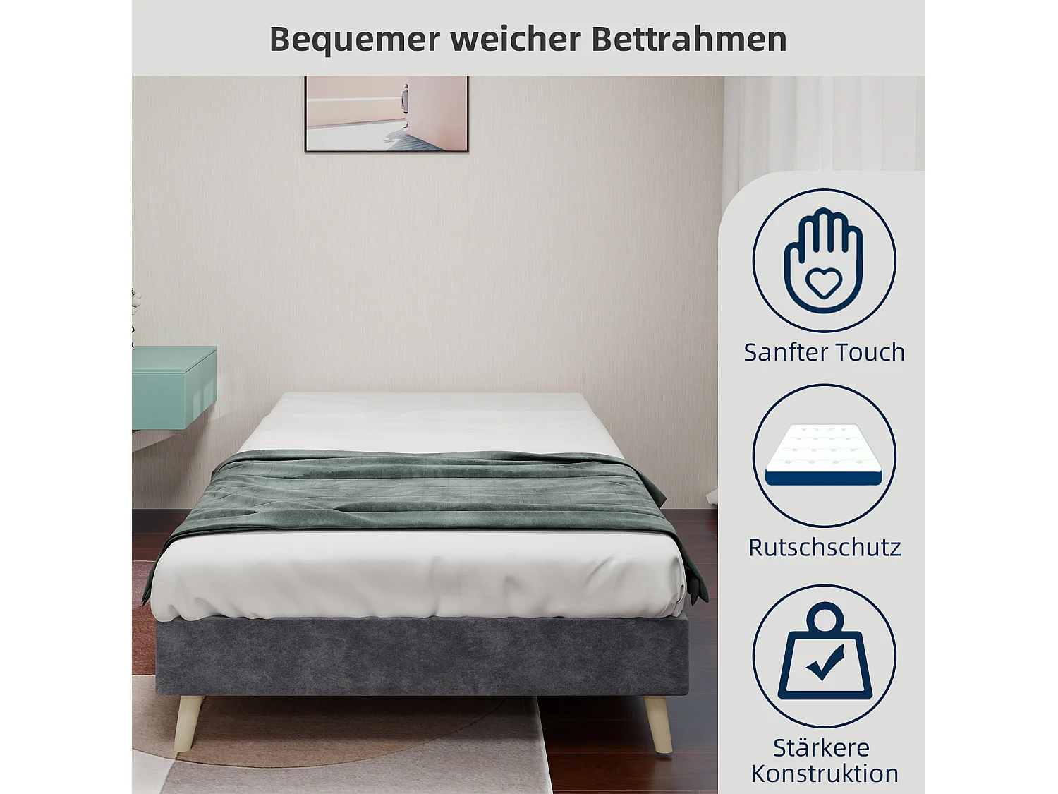 Minimalistisches Bettgestell (90 x 200 cm) in grauem Samt, niedriges Untergestell, modernes Möbelstück – ohne Gasdruckfeder, Kopfteil und Matratze