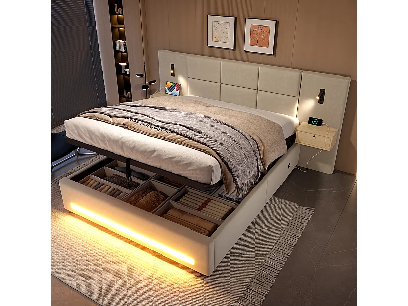Letto europeo 180x200 cm con testiera in velluto, cassetti, illuminazione a LED, porte USB-C, contenitore idraulico – Struttura in metallo (200 kg)