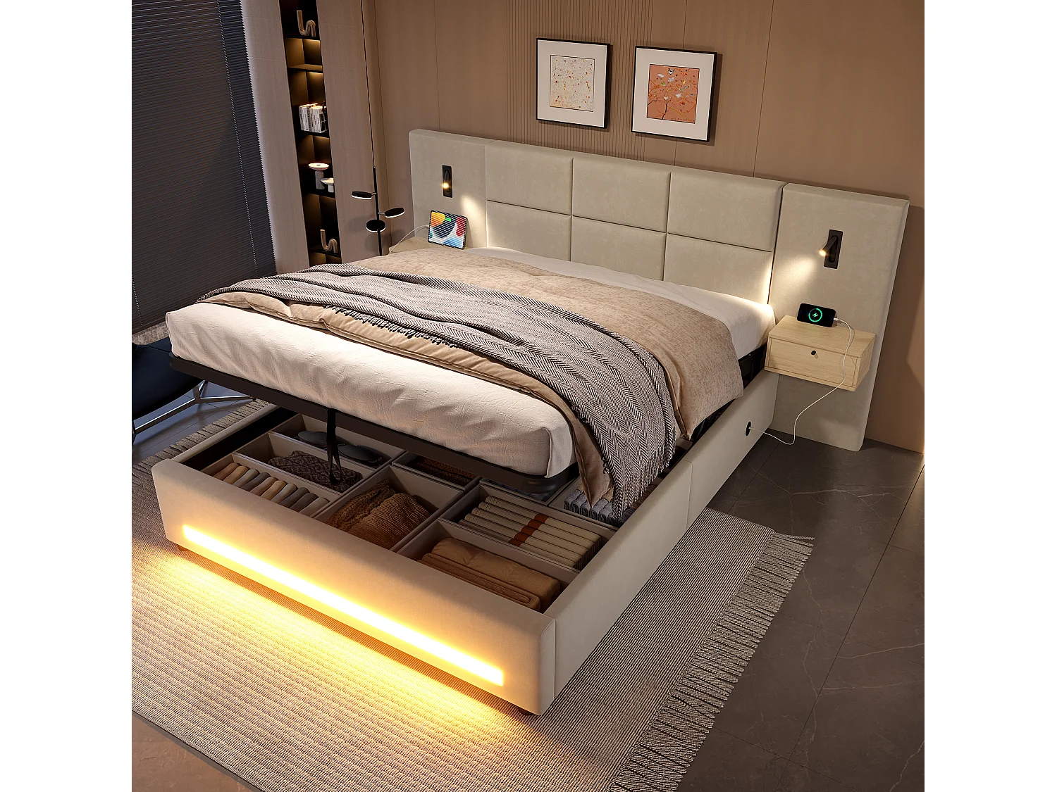 Europees bed 180x200 cm met fluwelen hoofdbord, lades, LED-verlichting, USB-C-poorten, hydraulische opbergruimte – Metalen frame (200 kg)