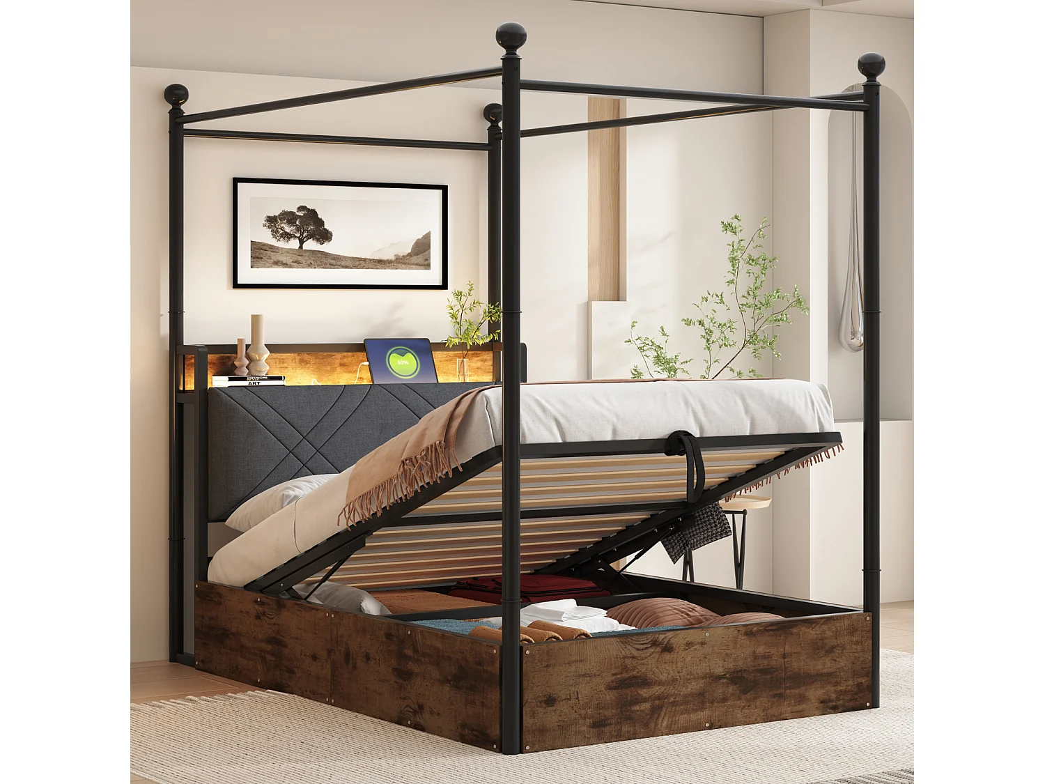Lit multifonction 90x190 cm en métal avec rangement hydraulique, canopy en fer forgé, poteaux amovibles, LED et ports USB/Type-C – Noir, pour adolescent