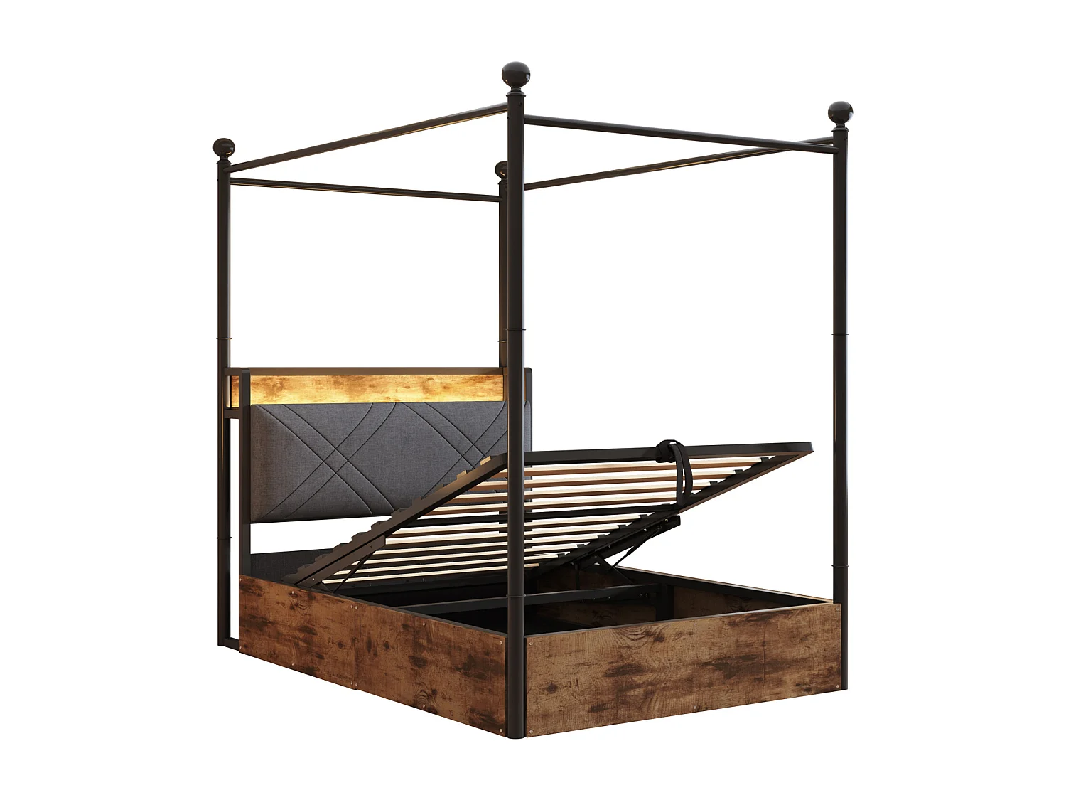 Lit multifonction 90x190 cm en métal avec rangement hydraulique, canopy en fer forgé, poteaux amovibles, LED et ports USB/Type-C – Noir, pour adolescent