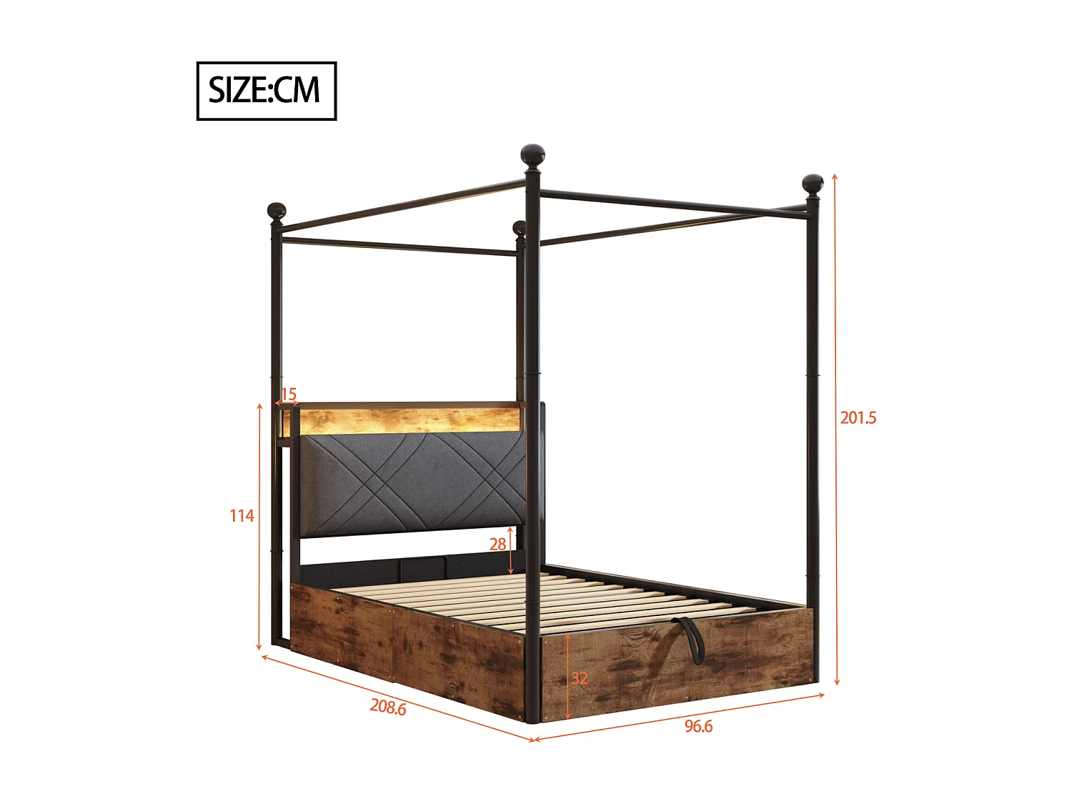 Lit multifonction 90x190 cm en métal avec rangement hydraulique, canopy en fer forgé, poteaux amovibles, LED et ports USB/Type-C – Noir, pour adolescent