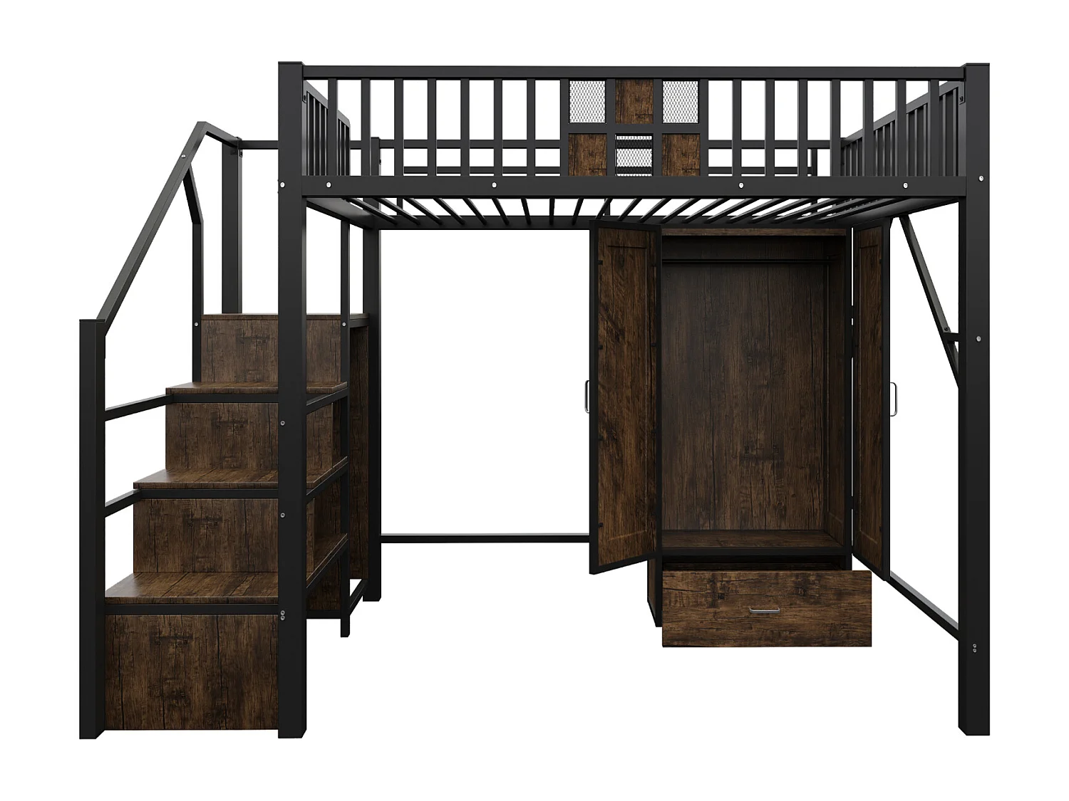 Lit mezzanine 140x200 cm avec rambarde en bois et métal, grand placard, tiroirs et échelle de rangement – Noir