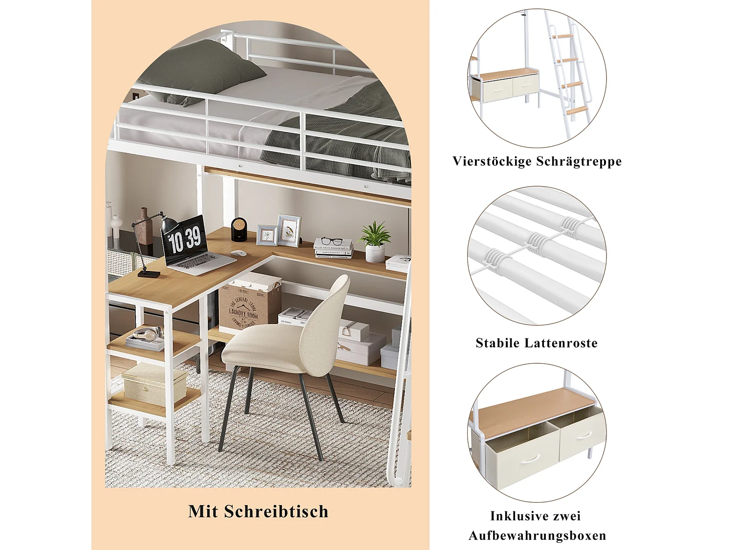 90 x 200 cm großes Metall-Hochbett mit 4-stufigem Regal, Schutzgitter und Eckkleiderschrank mit Kleiderstange – Metall und MDF, Weiß und Natur