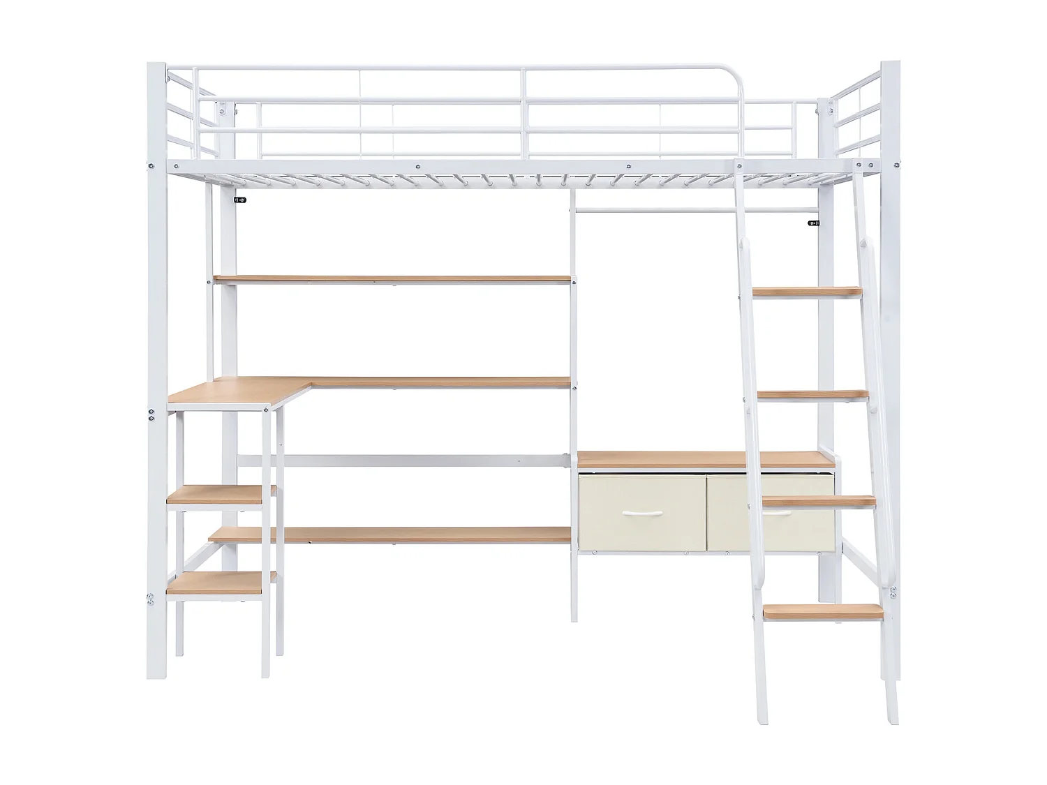 Letto a soppalco in metallo 90x200 cm con ripiano a 4 ripiani, sponda di protezione, armadio angolare con asta appendiabiti – Metallo e MDF, Bianco e Naturale