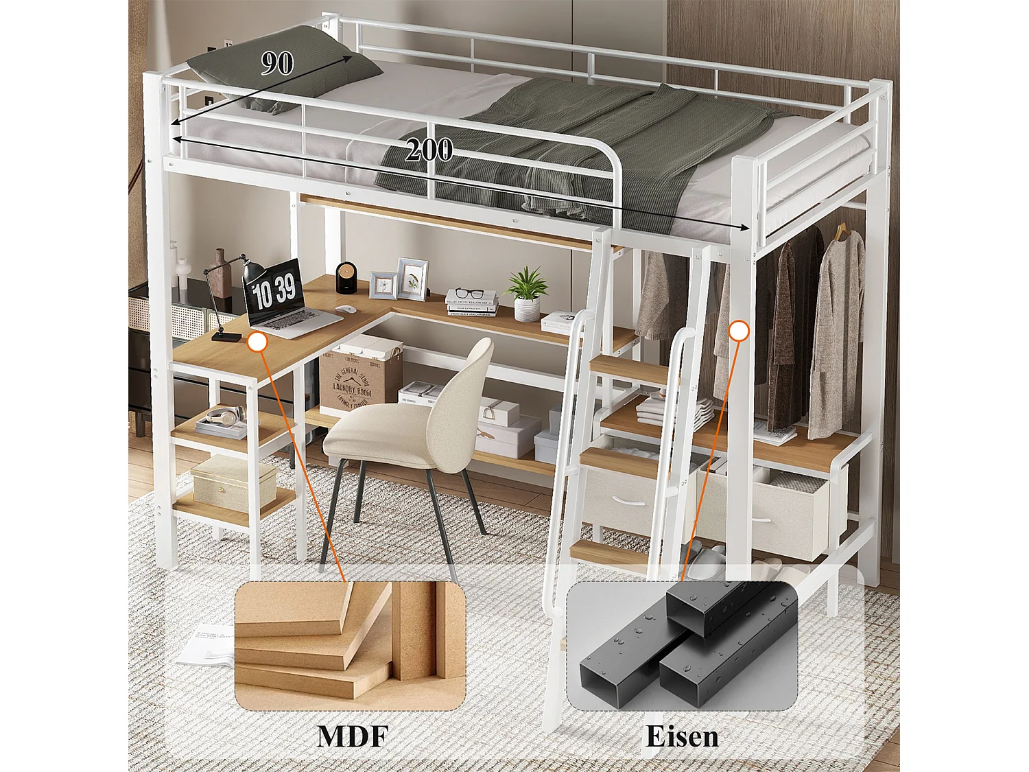 Hoogslaper van metaal, 90x200 cm, met 4-laags legplank, leuning, hoekkast met hangstang – Metaal en MDF, Wit en Naturel