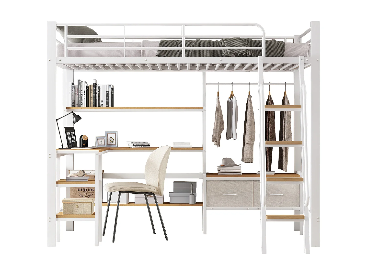 Hoogslaper van metaal, 90x200 cm, met 4-laags legplank, leuning, hoekkast met hangstang – Metaal en MDF, Wit en Naturel