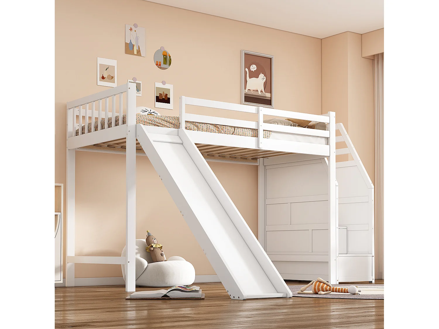 Lit superposé enfant 90x200 cm avec toboggan et échelle de rangement - Certifié EN747 - Blanc