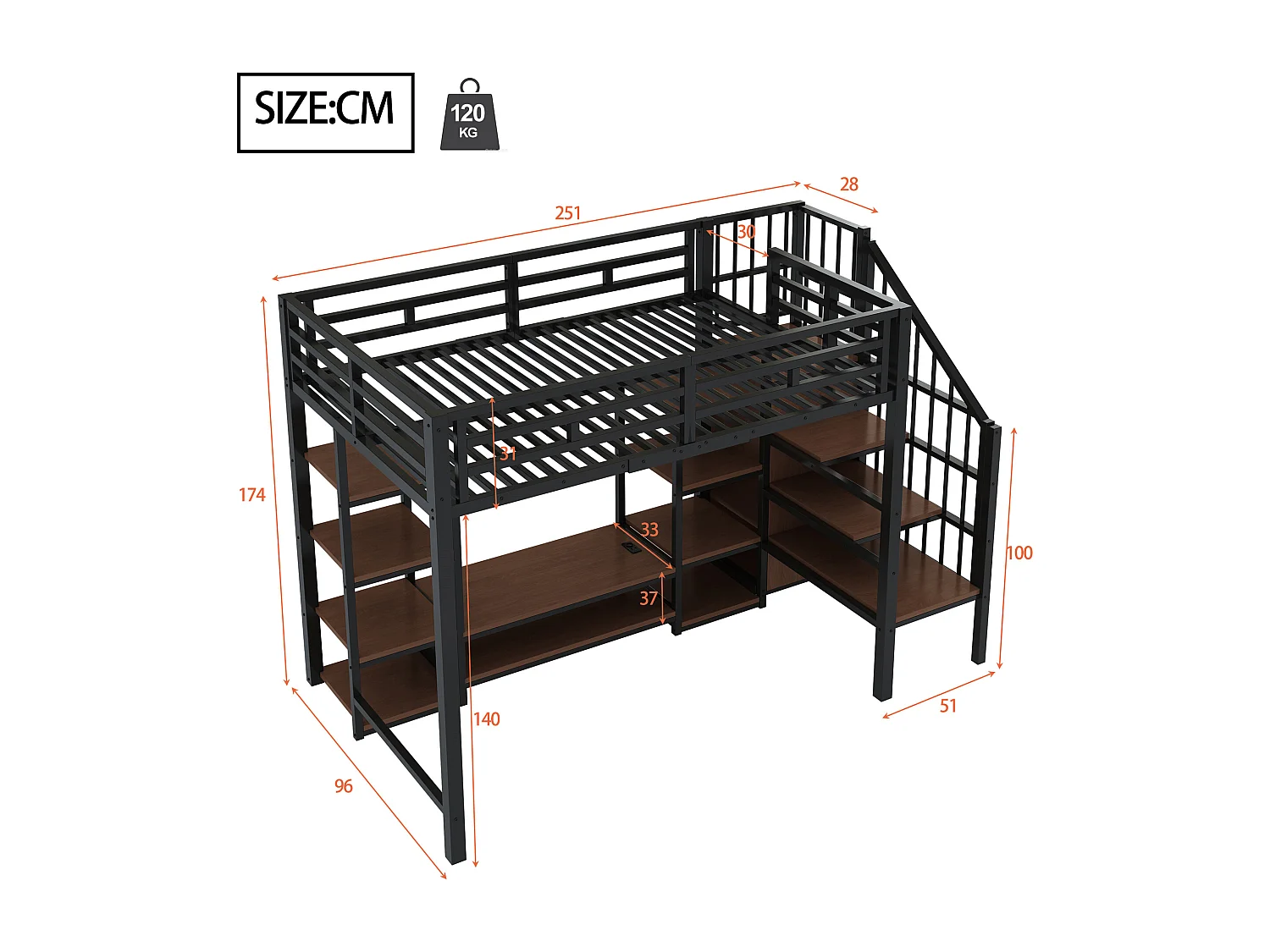 Hochbett (90 x 200 cm) mit TV-Ständer, Steckdose, Sicherheitsleiter, Metall und Holz – platzsparend mit Stauraum, Schwarz