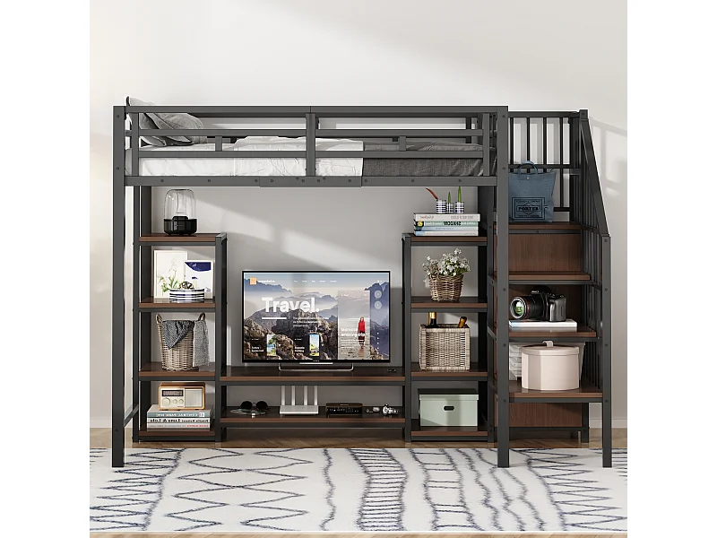 Hochbett (90 x 200 cm) mit TV-Ständer, Steckdose, Sicherheitsleiter, Metall und Holz – platzsparend mit Stauraum, Schwarz