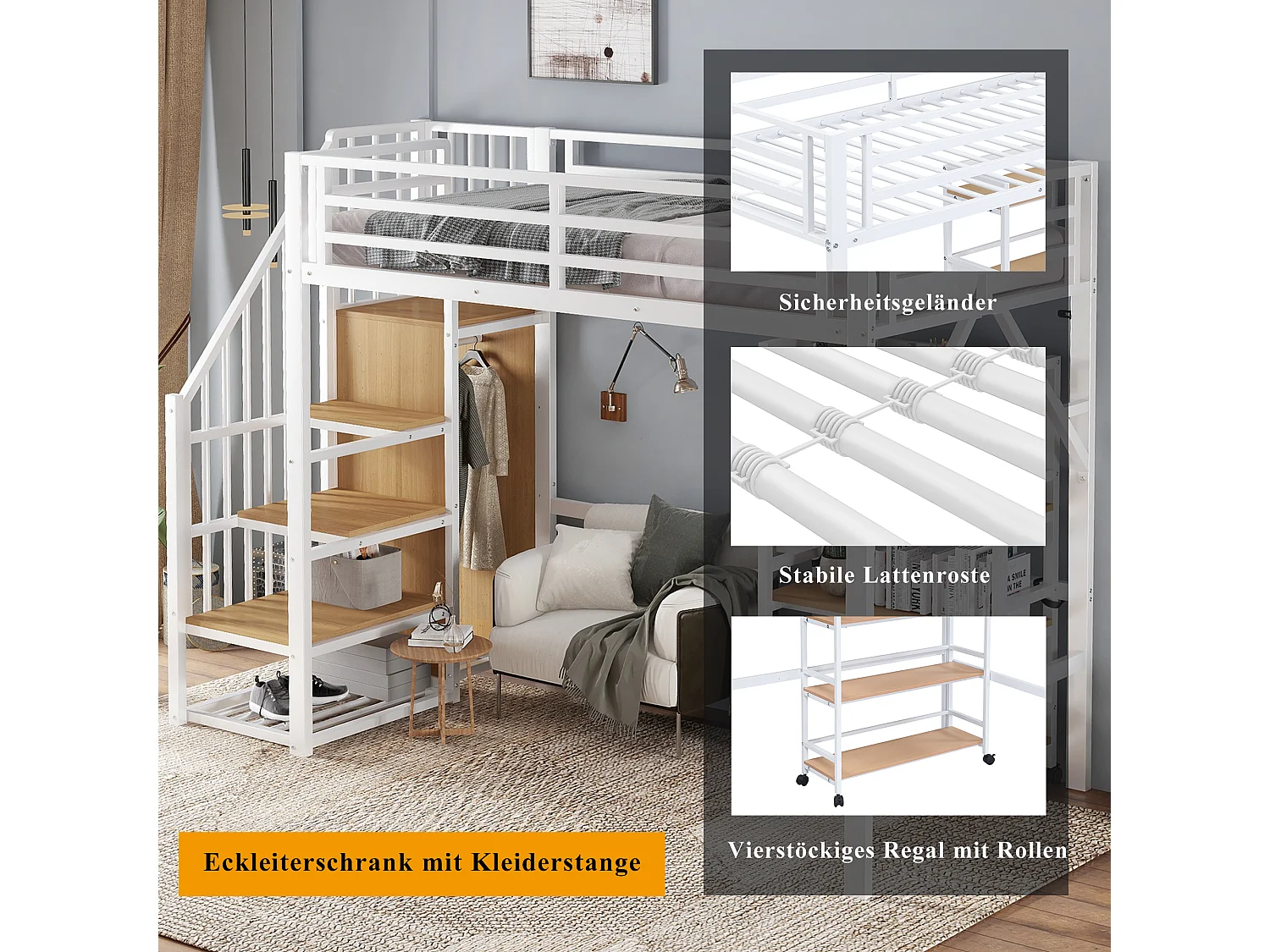 90 x 200 cm großes Metall-Hochbett mit 4-stufigem Regal auf Rollen, Sicherheitsgeländer, Eckkleiderschrank mit Kleiderstange – Weiß und Natur