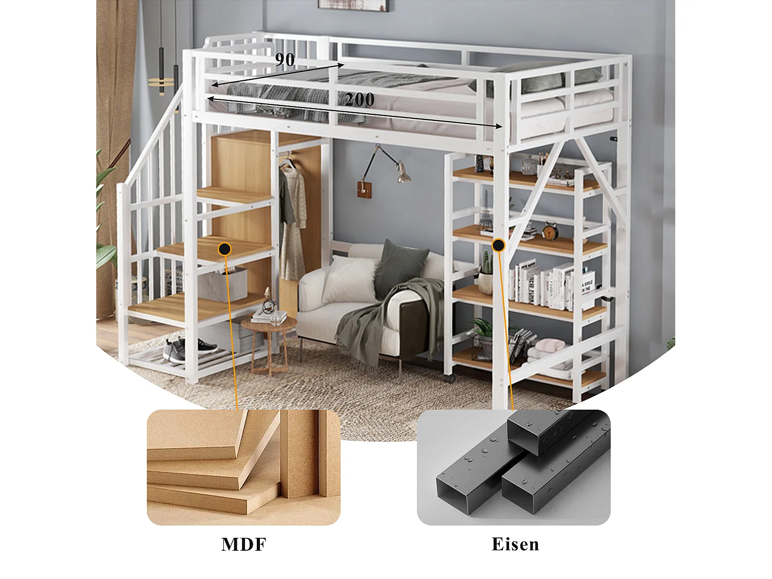Lit mezzanine 90x200 cm en métal avec étagère 4 niveaux sur roulettes, garde-corps de sécurité, armoire d'angle avec tringle – Blanc et Naturel