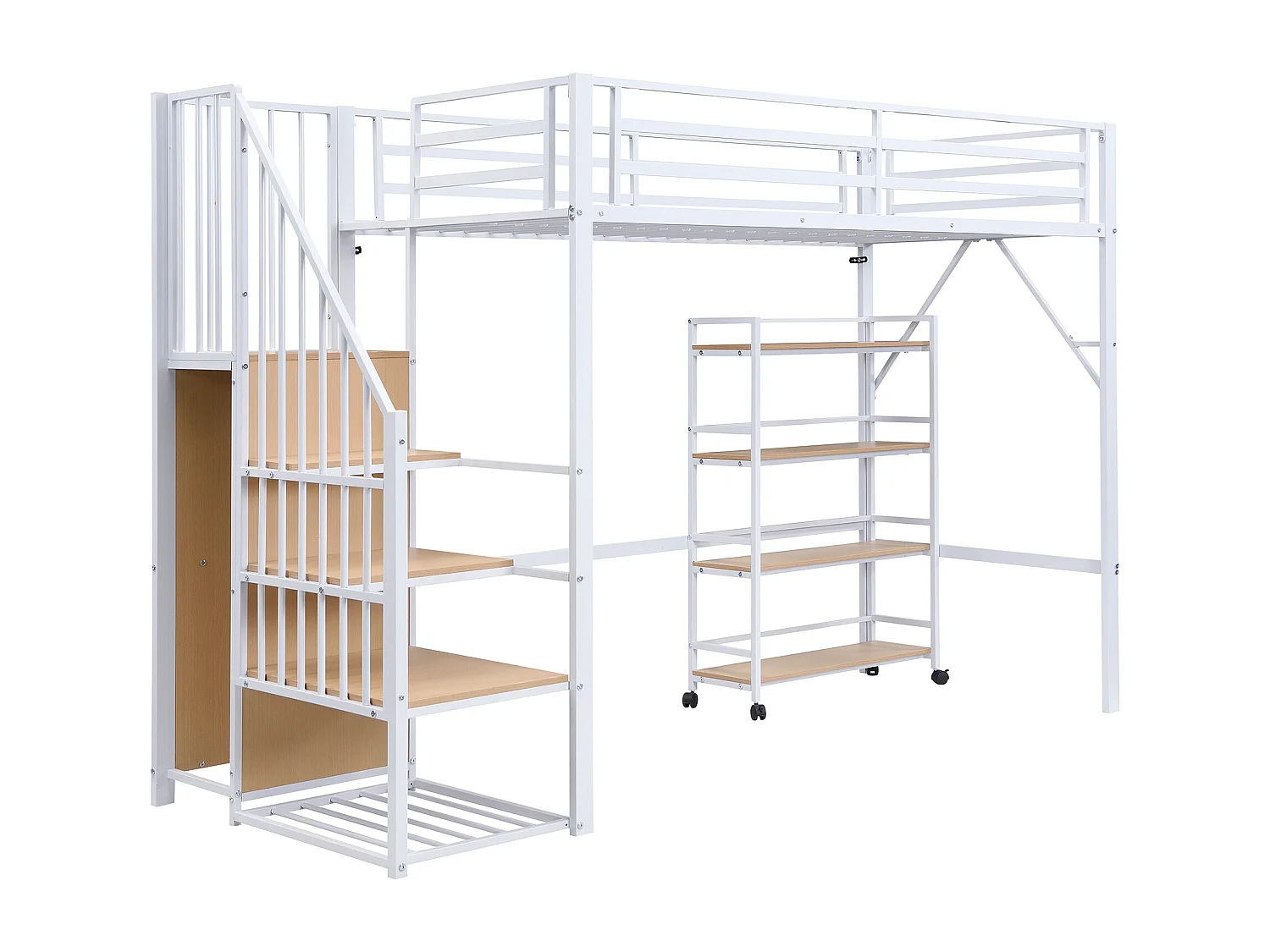 Lit mezzanine 90x200 cm en métal avec étagère 4 niveaux sur roulettes, garde-corps de sécurité, armoire d'angle avec tringle – Blanc et Naturel