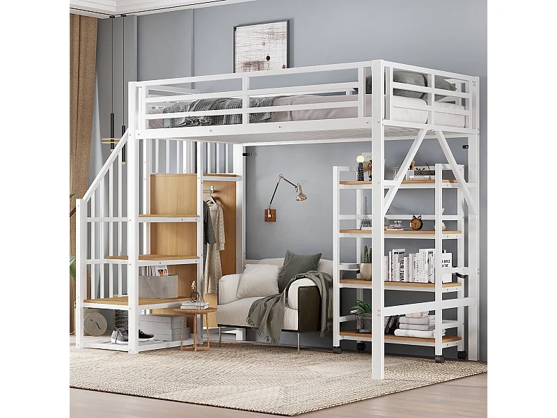 Cama alta metálica de 90x200 cm con estantería de 4 niveles sobre ruedas, barandilla de seguridad, armario esquinero con barra para colgar ropa – Blanco y natural