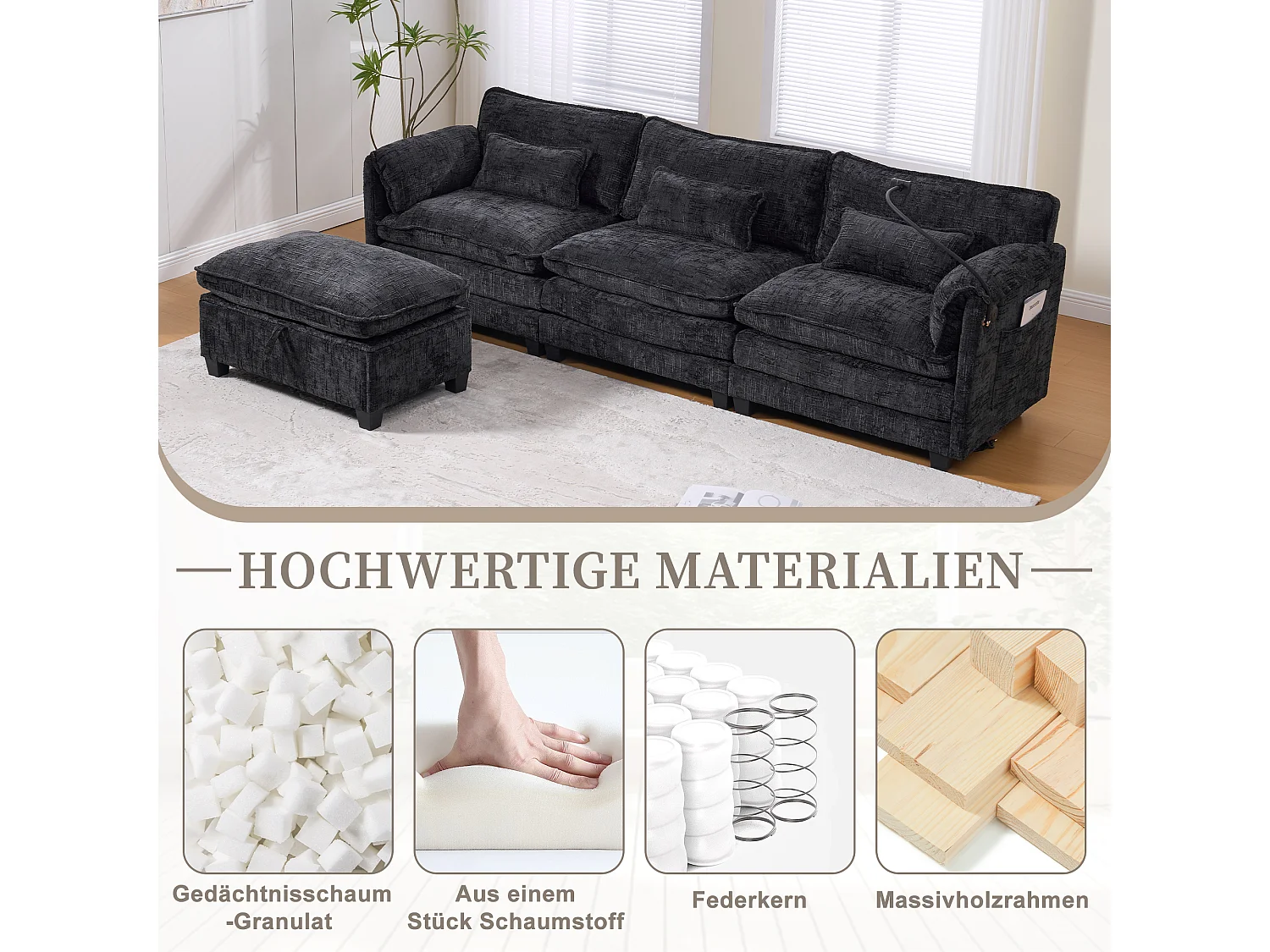 Canapé 3 places moderne - 279 x 83 x 85 cm - avec USB + poche latérale + repose-pieds avec rangement - velours - noir