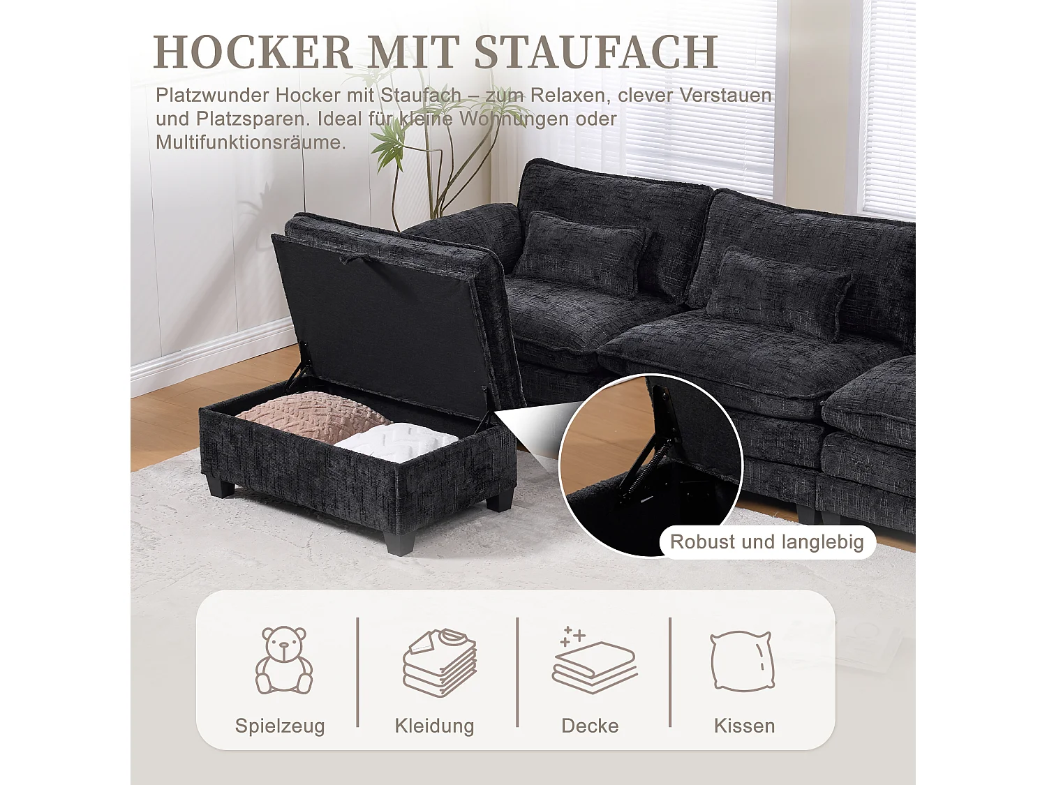 Canapé 3 places moderne - 279 x 83 x 85 cm - avec USB + poche latérale + repose-pieds avec rangement - velours - noir