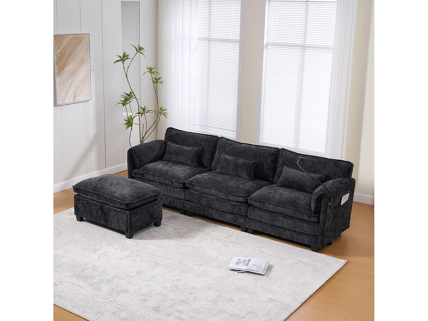 Canapé 3 places moderne - 279 x 83 x 85 cm - avec USB + poche latérale + repose-pieds avec rangement - velours - noir