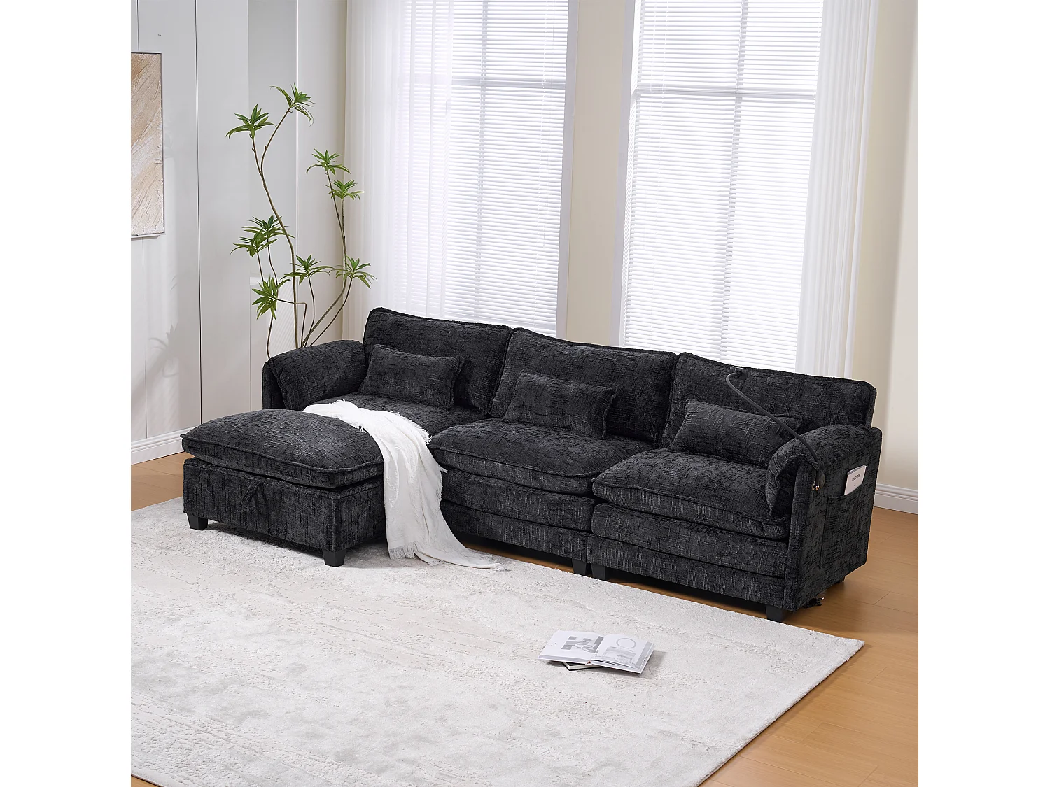 Modernes 3-Sitzer-Sofa – 279 x 83 x 85 cm – mit USB-Anschluss, Seitentasche und Fußstütze mit Stauraum – Samt – schwarz