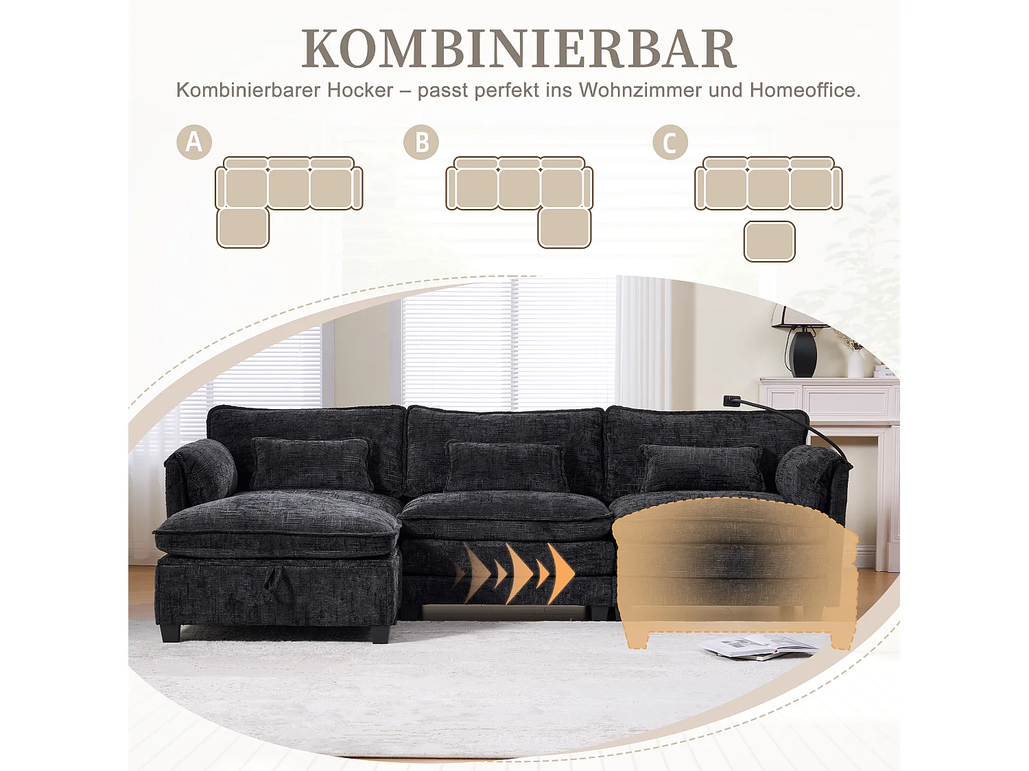 Modernes 3-Sitzer-Sofa – 279 x 83 x 85 cm – mit USB-Anschluss, Seitentasche und Fußstütze mit Stauraum – Samt – schwarz
