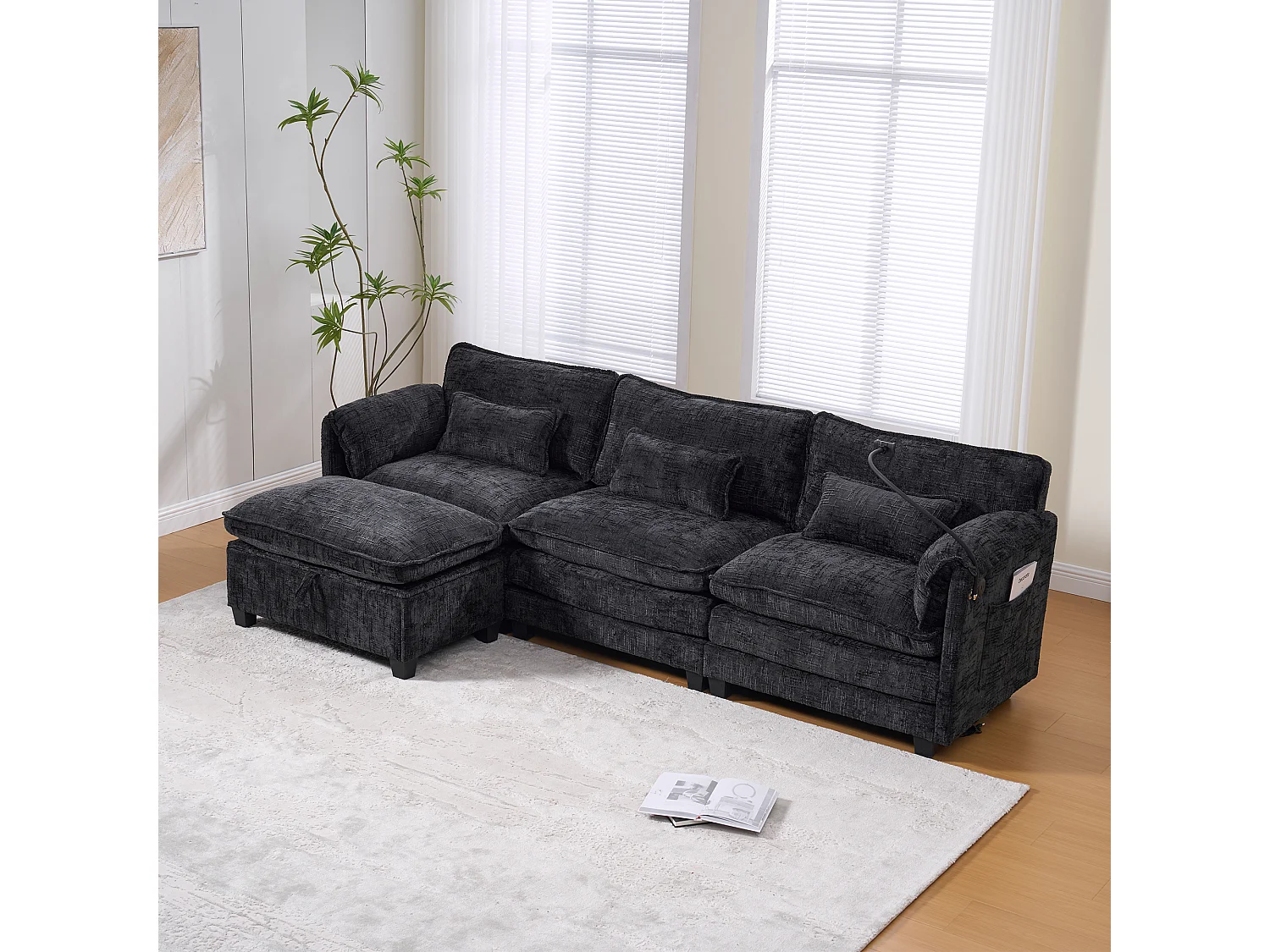 Modernes 3-Sitzer-Sofa – 279 x 83 x 85 cm – mit USB-Anschluss, Seitentasche und Fußstütze mit Stauraum – Samt – schwarz