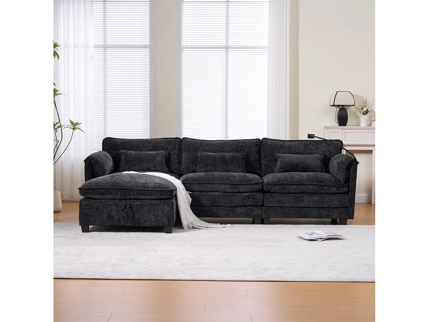 Modernes 3-Sitzer-Sofa – 279 x 83 x 85 cm – mit USB-Anschluss, Seitentasche und Fußstütze mit Stauraum – Samt – schwarz