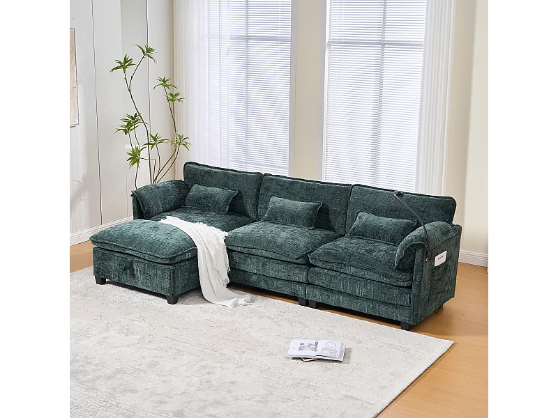 Canapé 3 places moderne - 279 x 83 x 85 cm - avec USB + poche latérale + repose-pieds avec rangement - velours - vert