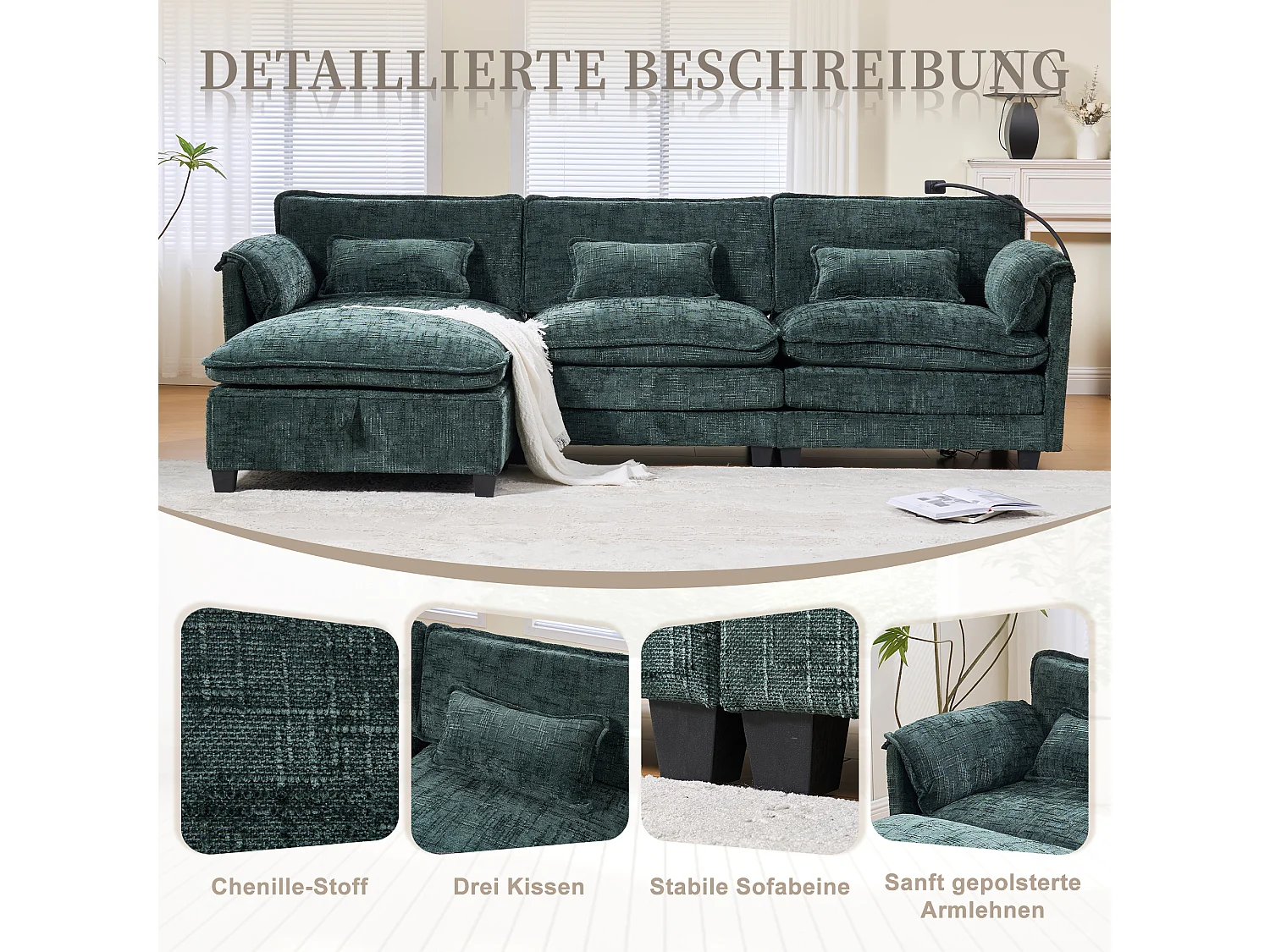 Canapé 3 places moderne - 279 x 83 x 85 cm - avec USB + poche latérale + repose-pieds avec rangement - velours - vert
