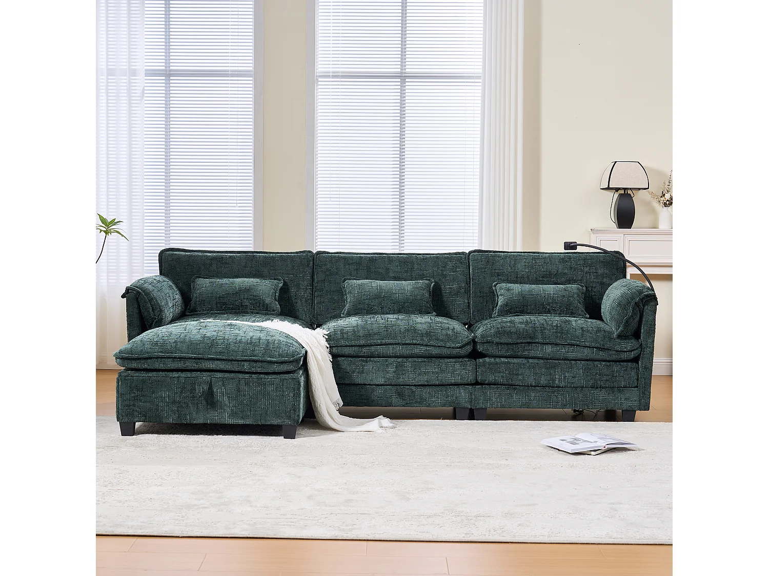 Canapé 3 places moderne - 279 x 83 x 85 cm - avec USB + poche latérale + repose-pieds avec rangement - velours - vert