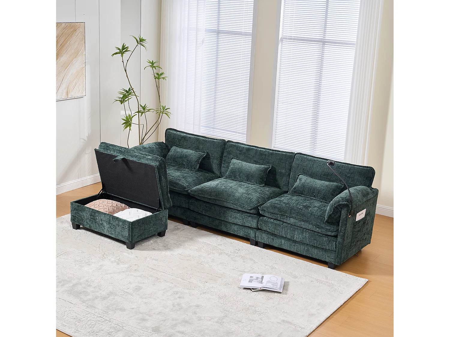 Canapé 3 places moderne - 279 x 83 x 85 cm - avec USB + poche latérale + repose-pieds avec rangement - velours - vert