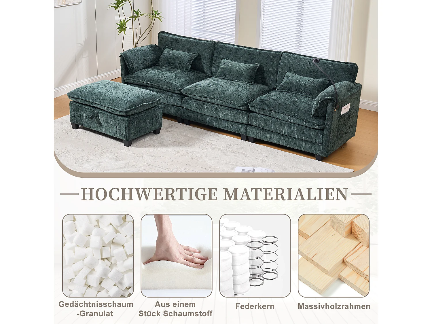 Divano moderno a 3 posti - 279 x 83 x 85 cm - con porta USB, tasca laterale e poggiapiedi con contenitore - velluto - verde