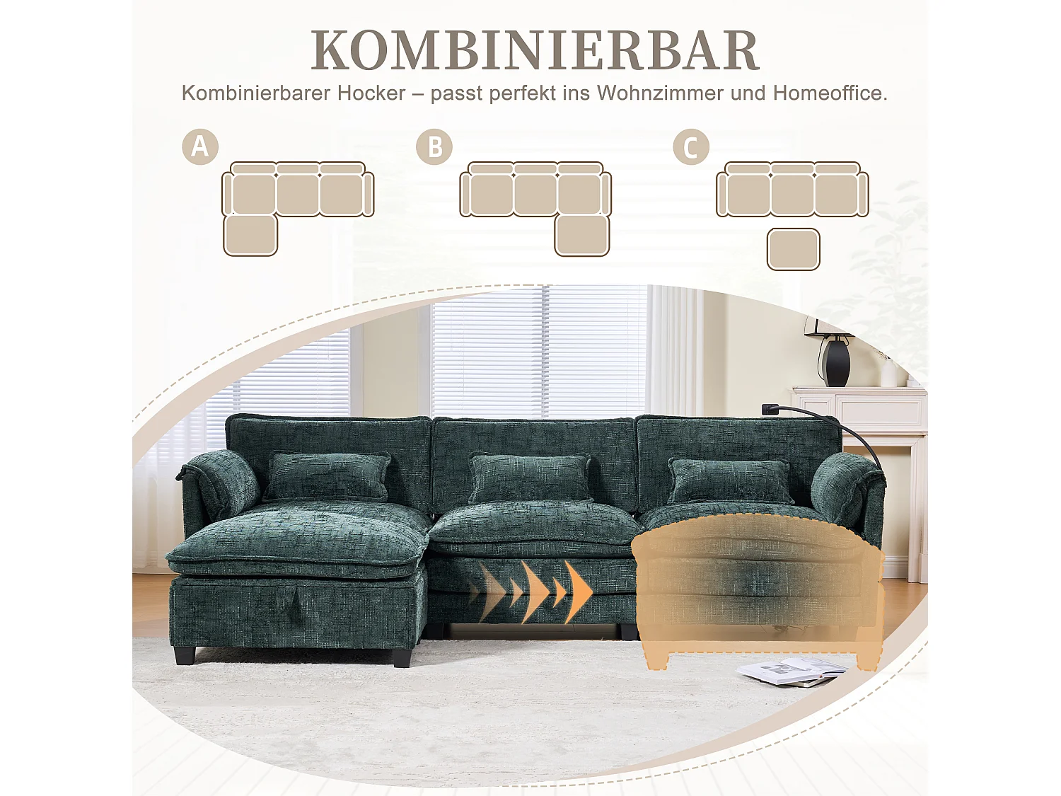 Divano moderno a 3 posti - 279 x 83 x 85 cm - con porta USB, tasca laterale e poggiapiedi con contenitore - velluto - verde