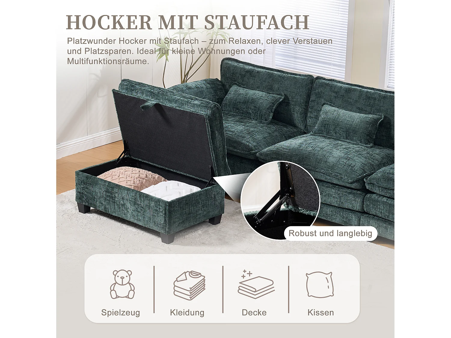 Divano moderno a 3 posti - 279 x 83 x 85 cm - con porta USB, tasca laterale e poggiapiedi con contenitore - velluto - verde