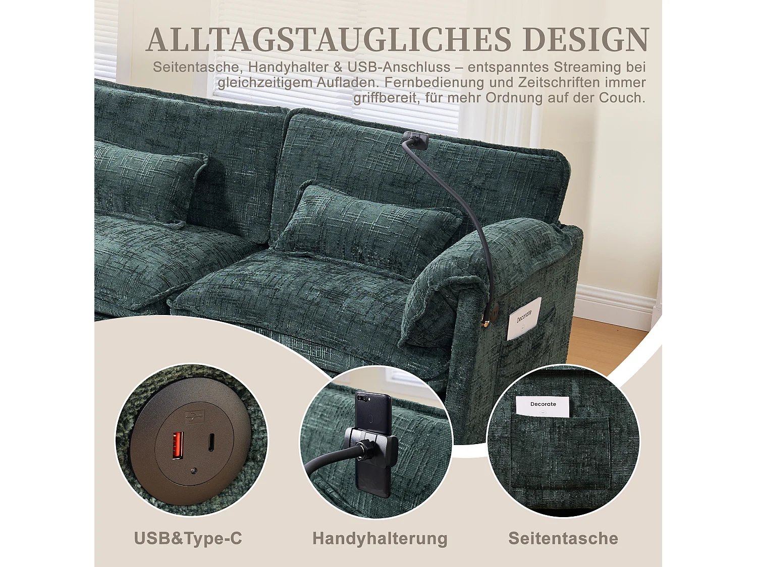 Divano moderno a 3 posti - 279 x 83 x 85 cm - con porta USB, tasca laterale e poggiapiedi con contenitore - velluto - verde