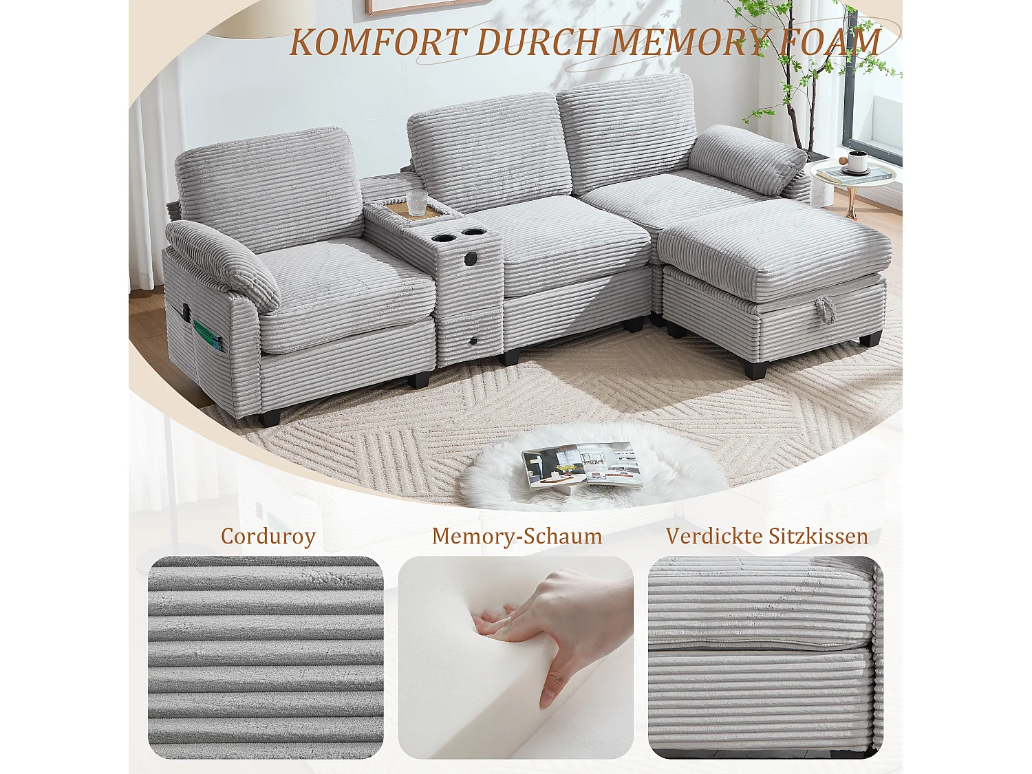 Modernes 3-Sitzer-Sofa – 266 x 136 x 82 cm – mit 2 Getränkehaltern, USB-C-Anschluss, Schublade und abnehmbarem Aufbewahrungshocker – Samt – Hellgrau