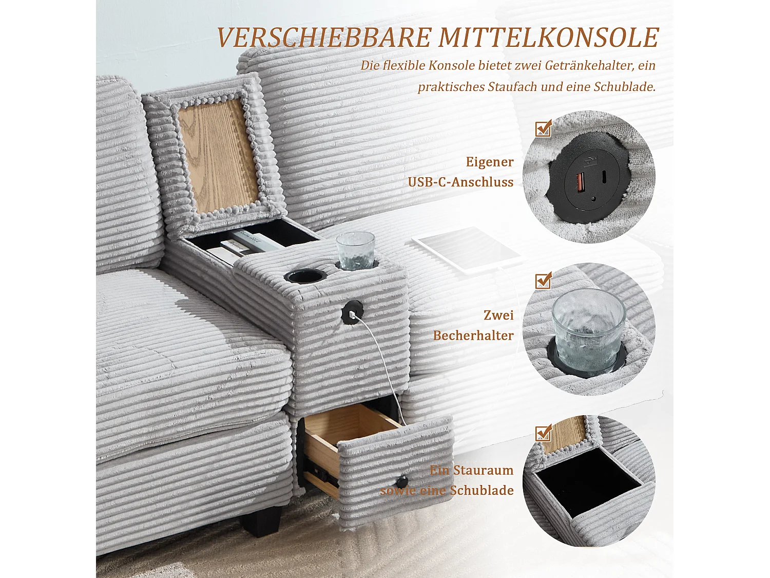 Canapé 3 places moderne - 266 x 136 x 82 cm - avec 2 porte-gobelets + USB-C + tiroir + pouf de rangement amovible - velours - gris clair
