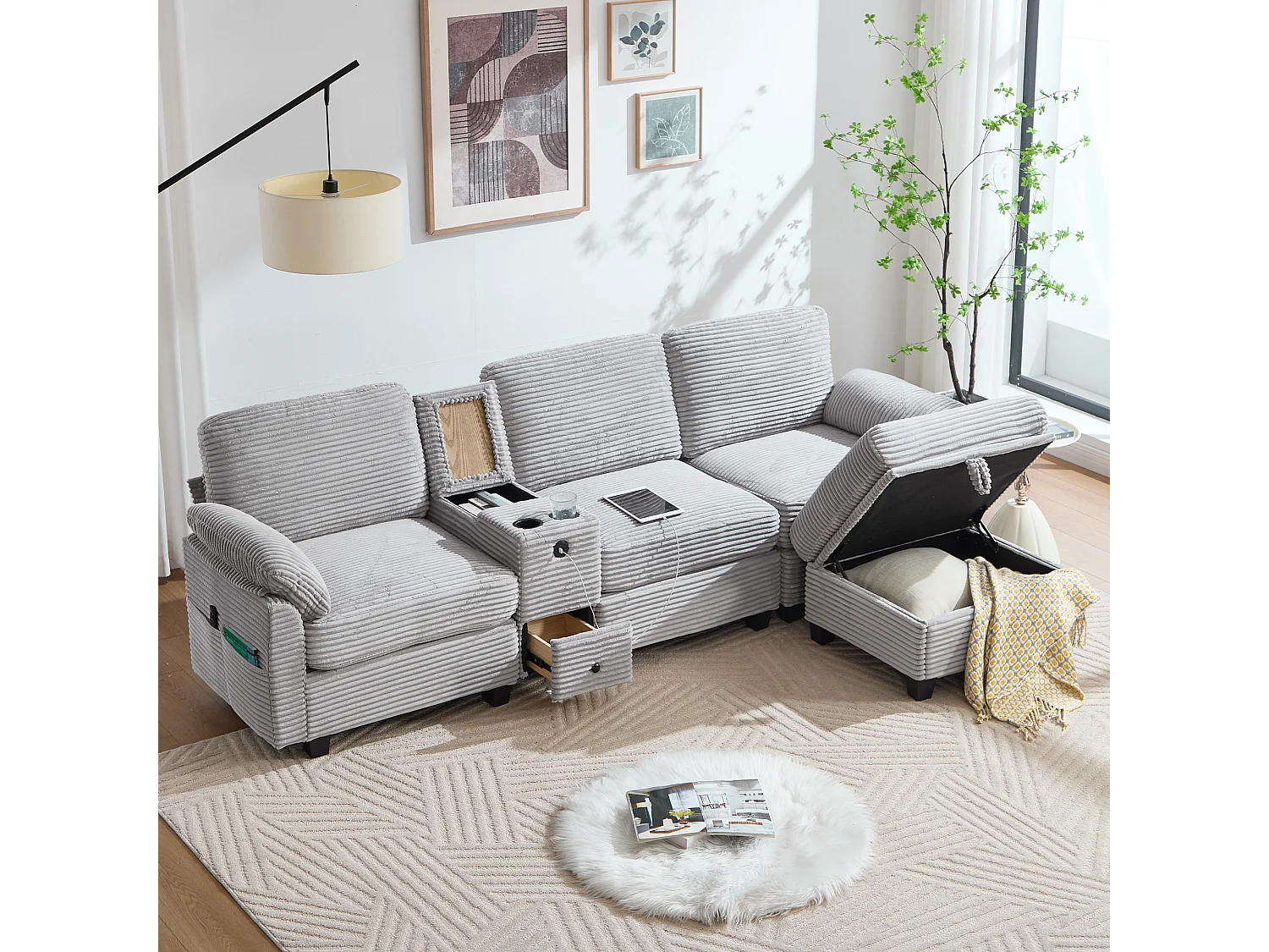 Modernes 3-Sitzer-Sofa – 266 x 136 x 82 cm – mit 2 Getränkehaltern, USB-C-Anschluss, Schublade und abnehmbarem Aufbewahrungshocker – Samt – Hellgrau