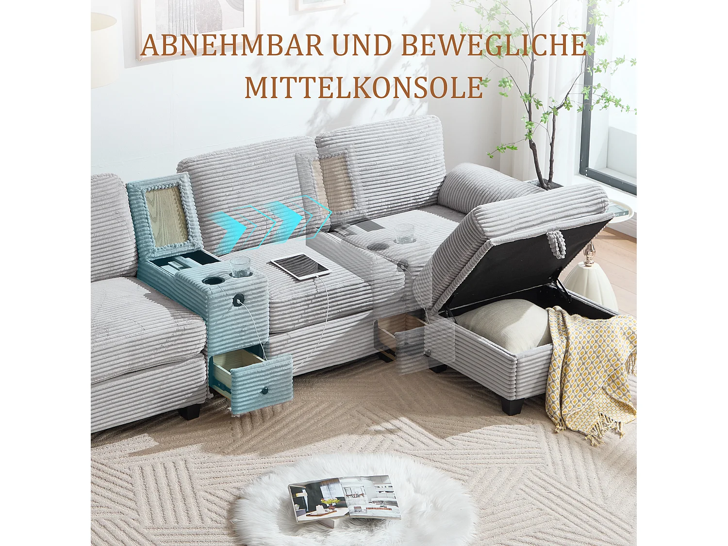 Modernes 3-Sitzer-Sofa – 266 x 136 x 82 cm – mit 2 Getränkehaltern, USB-C-Anschluss, Schublade und abnehmbarem Aufbewahrungshocker – Samt – Hellgrau
