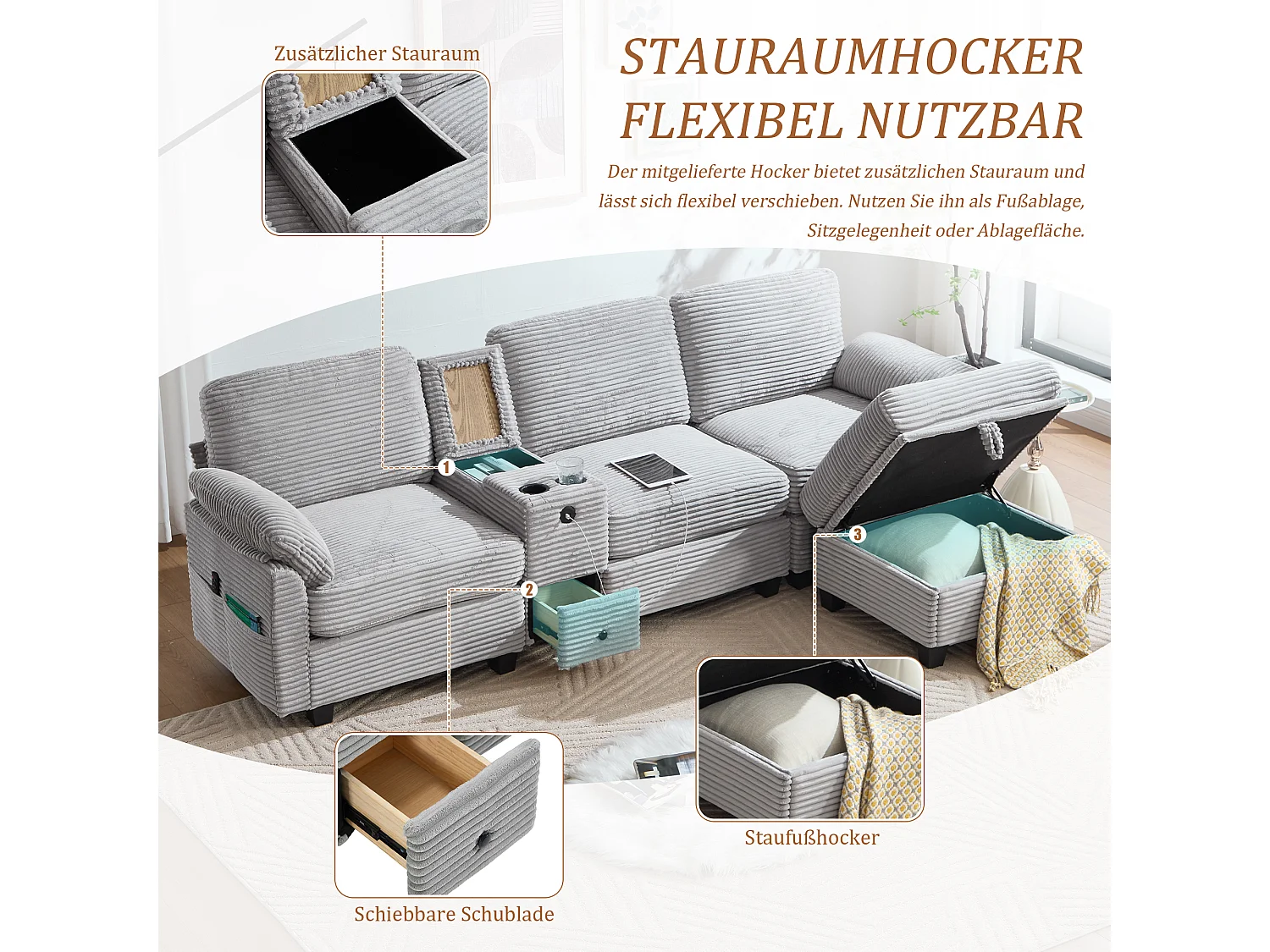 Modernes 3-Sitzer-Sofa – 266 x 136 x 82 cm – mit 2 Getränkehaltern, USB-C-Anschluss, Schublade und abnehmbarem Aufbewahrungshocker – Samt – Hellgrau