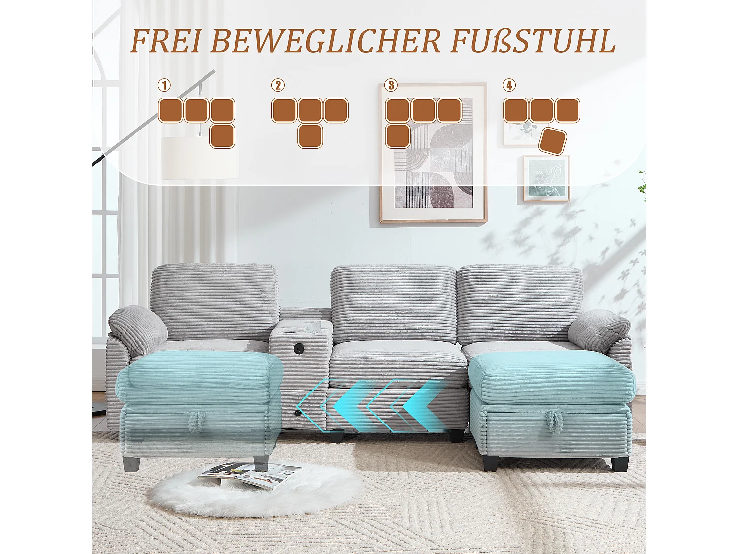 Modernes 3-Sitzer-Sofa – 266 x 136 x 82 cm – mit 2 Getränkehaltern, USB-C-Anschluss, Schublade und abnehmbarem Aufbewahrungshocker – Samt – Hellgrau