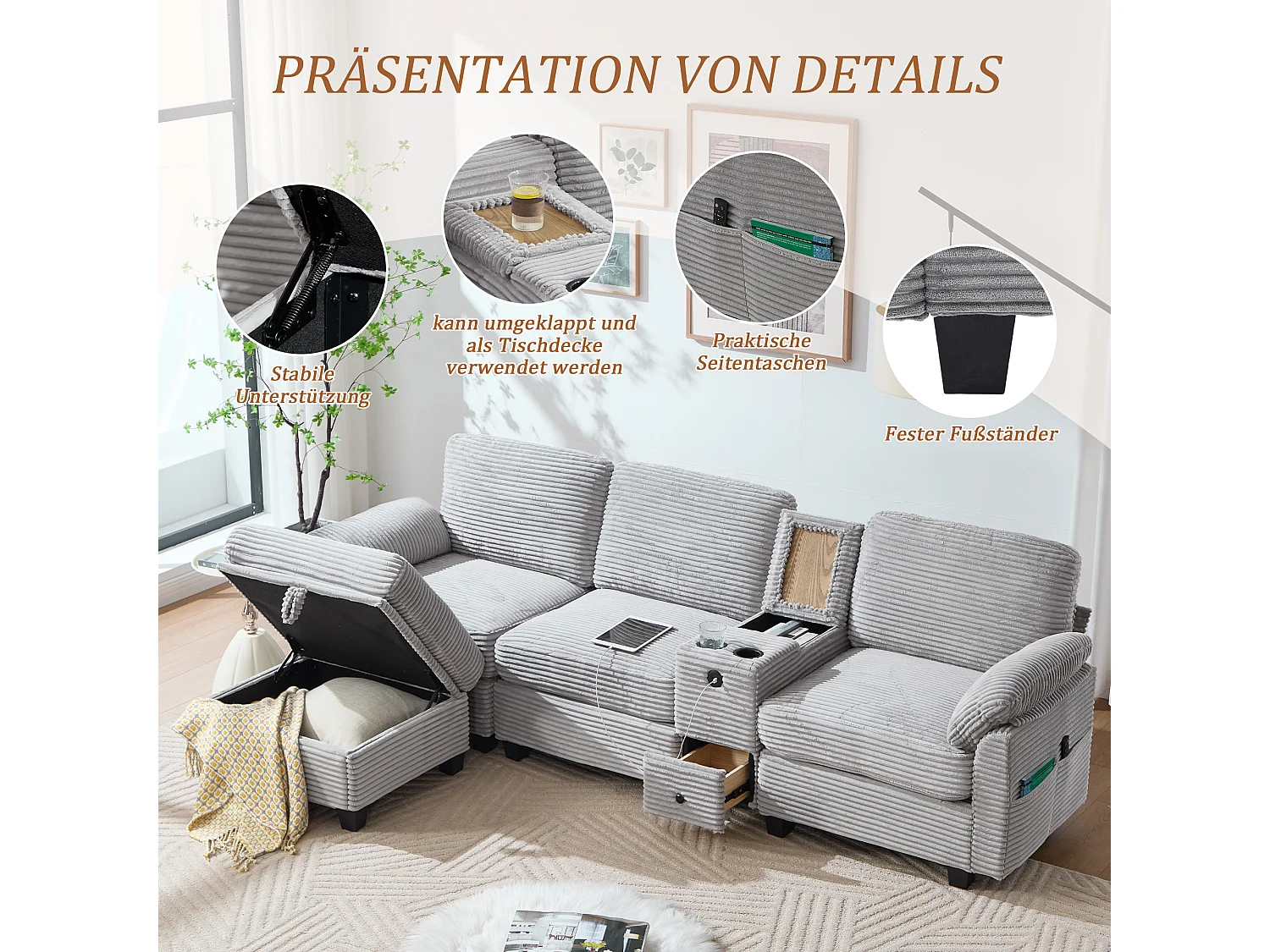 Modernes 3-Sitzer-Sofa – 266 x 136 x 82 cm – mit 2 Getränkehaltern, USB-C-Anschluss, Schublade und abnehmbarem Aufbewahrungshocker – Samt – Hellgrau