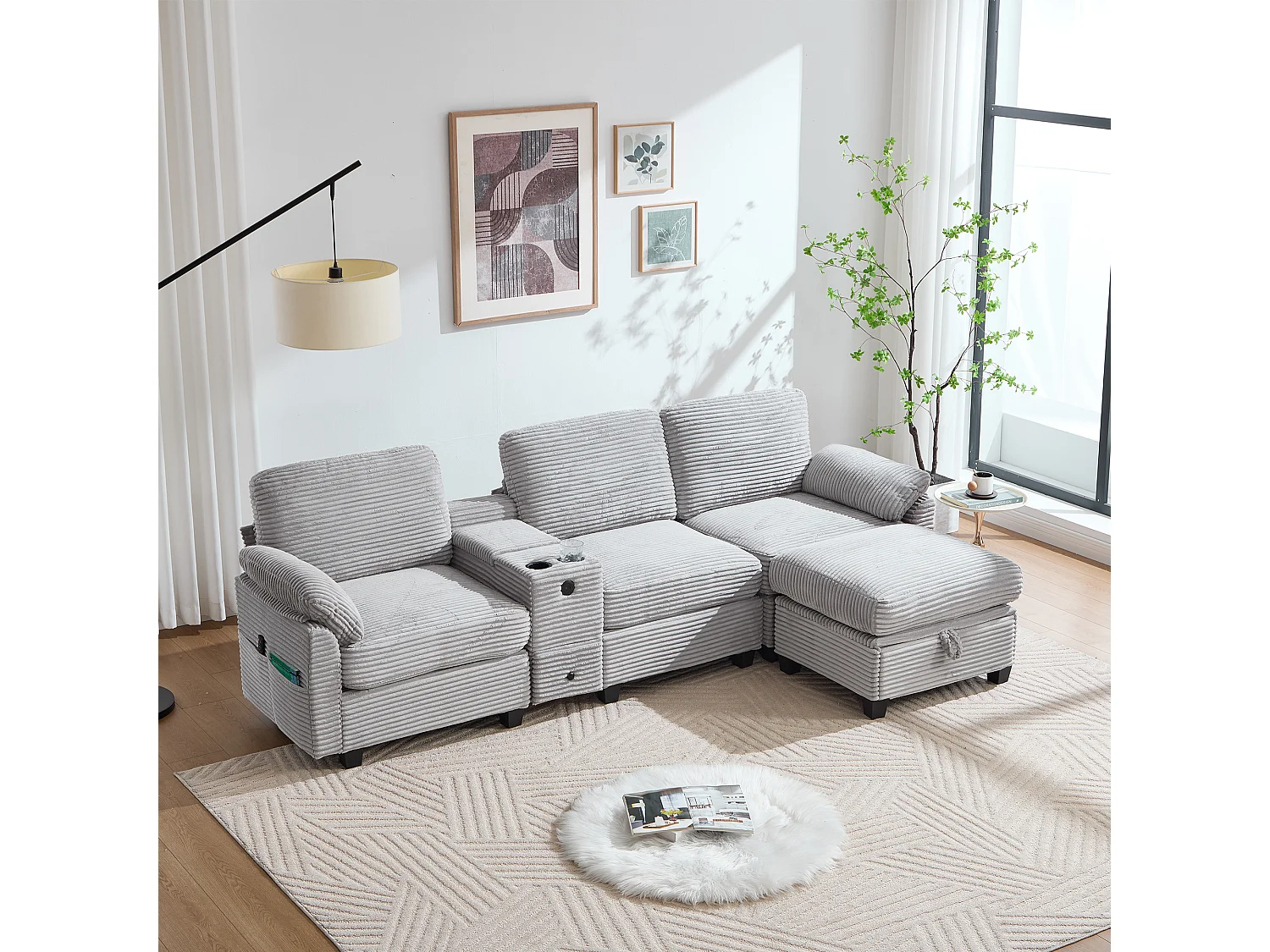 Modernes 3-Sitzer-Sofa – 266 x 136 x 82 cm – mit 2 Getränkehaltern, USB-C-Anschluss, Schublade und abnehmbarem Aufbewahrungshocker – Samt – Hellgrau