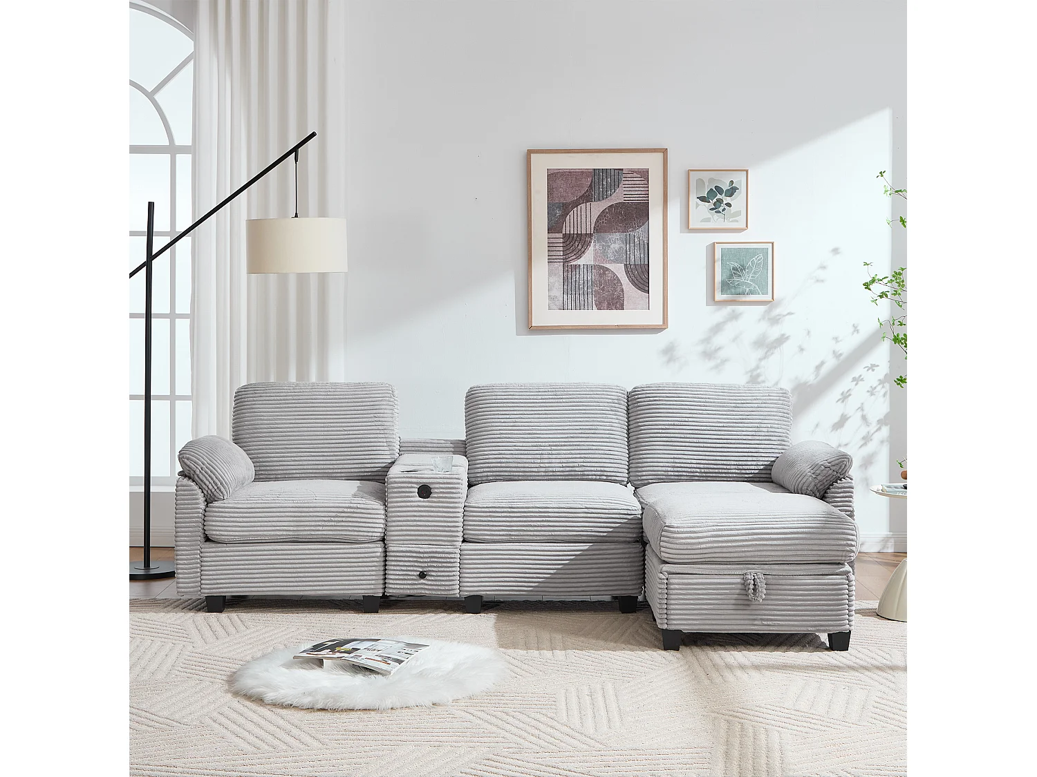 Modernes 3-Sitzer-Sofa – 266 x 136 x 82 cm – mit 2 Getränkehaltern, USB-C-Anschluss, Schublade und abnehmbarem Aufbewahrungshocker – Samt – Hellgrau