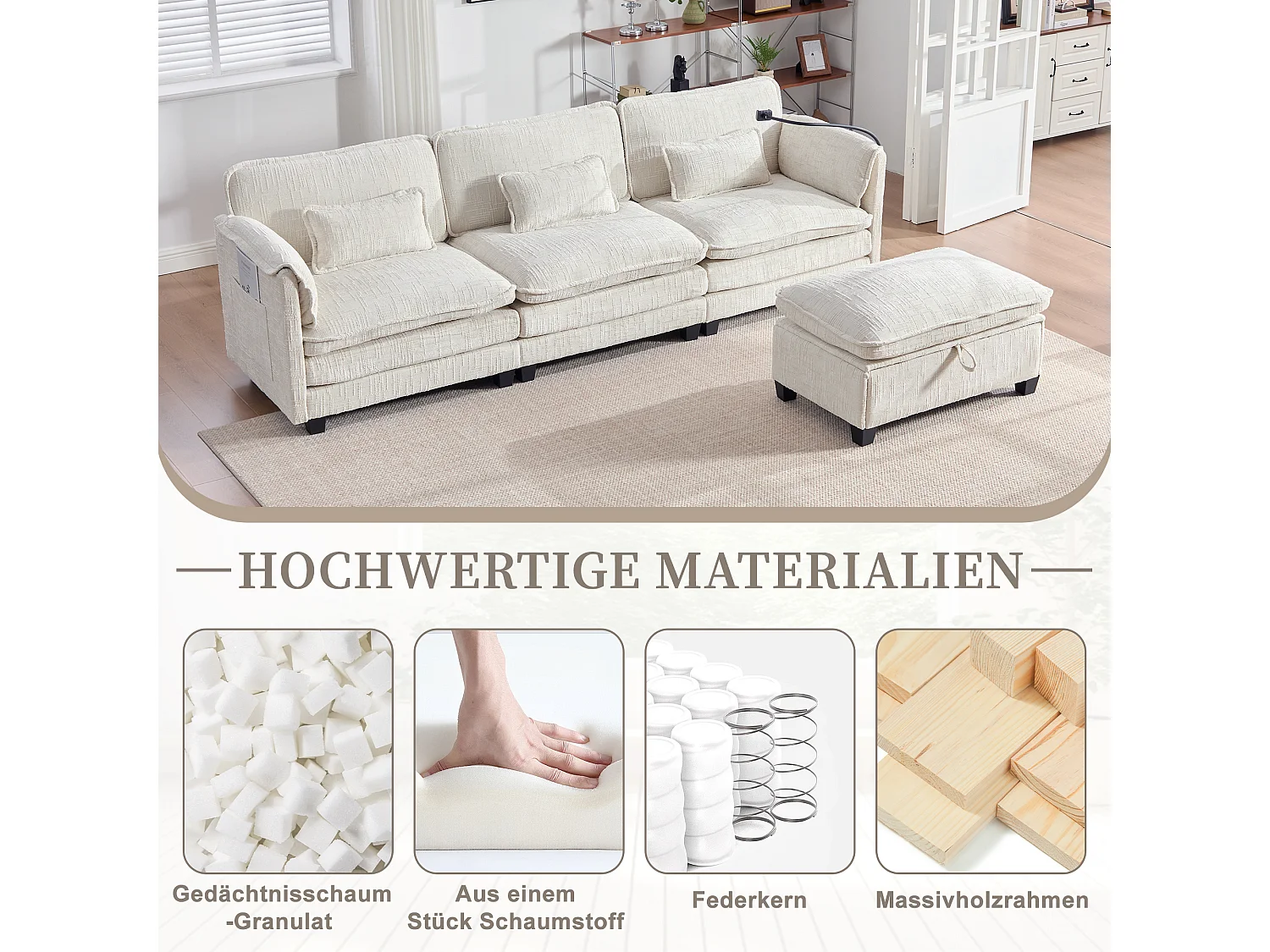 Canapé 3 places moderne - 279 x 83 x 85 cm - avec USB + poche latérale + repose-pieds avec rangement - velours - beige