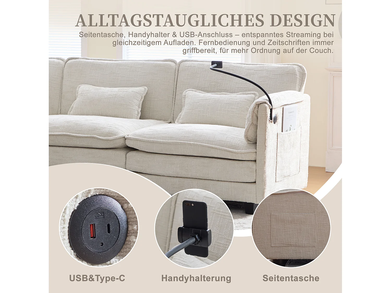 Canapé 3 places moderne - 279 x 83 x 85 cm - avec USB + poche latérale + repose-pieds avec rangement - velours - beige